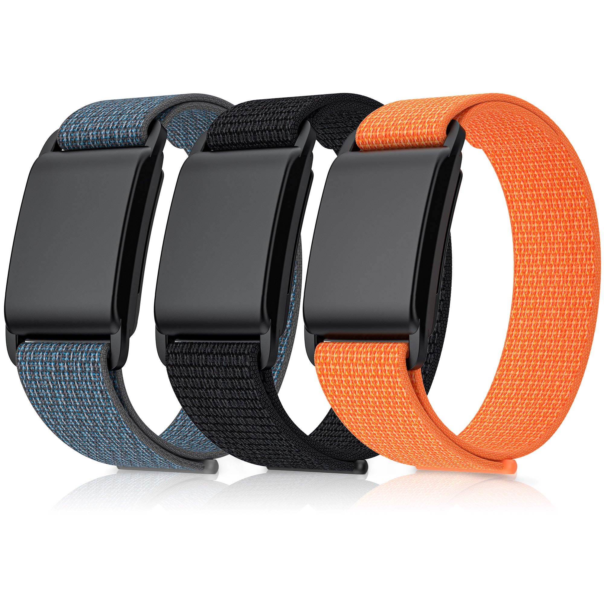 Whoop 4 sports loop bands in blue, black, and orange nylon fabric with black plastic clasps