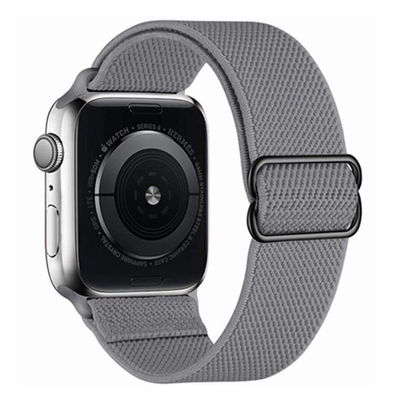 Silver aluminum smartwatch with gray woven elastic loop band and digital crown on white background
