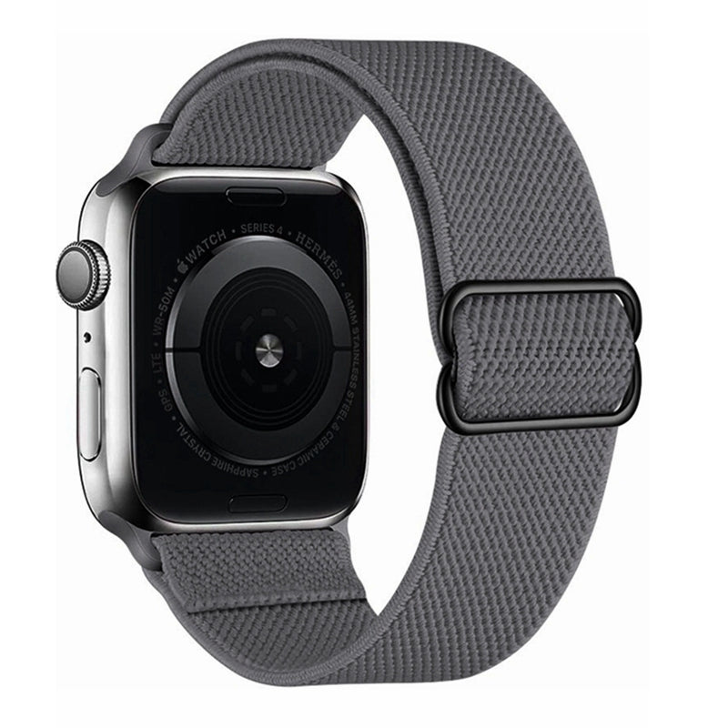 Apple Watch Series 8 with gray woven elastic loop band and silver stainless steel case