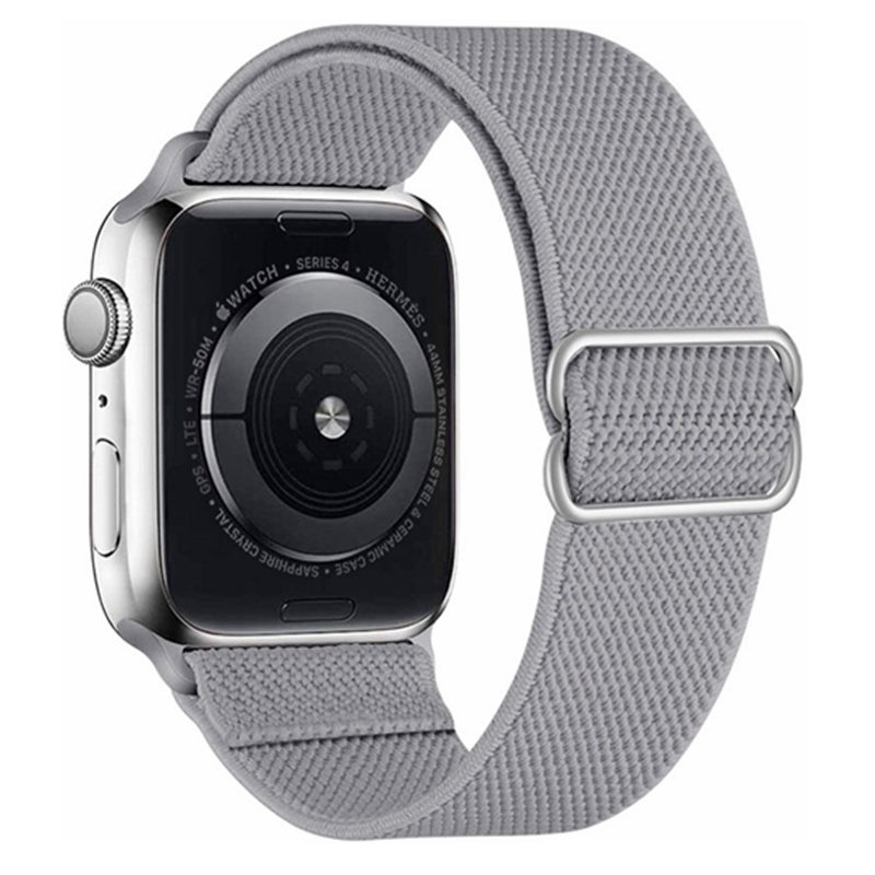 Silver stainless steel smartwatch with gray woven elastic loop band and digital crown
