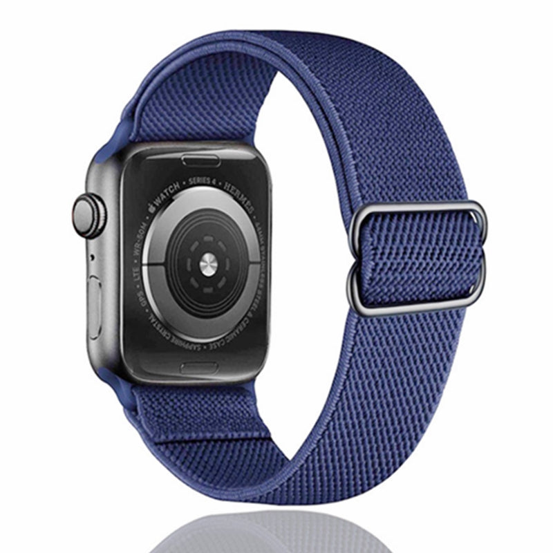 Stainless steel smartwatch with navy blue woven elastic loop band and digital crown