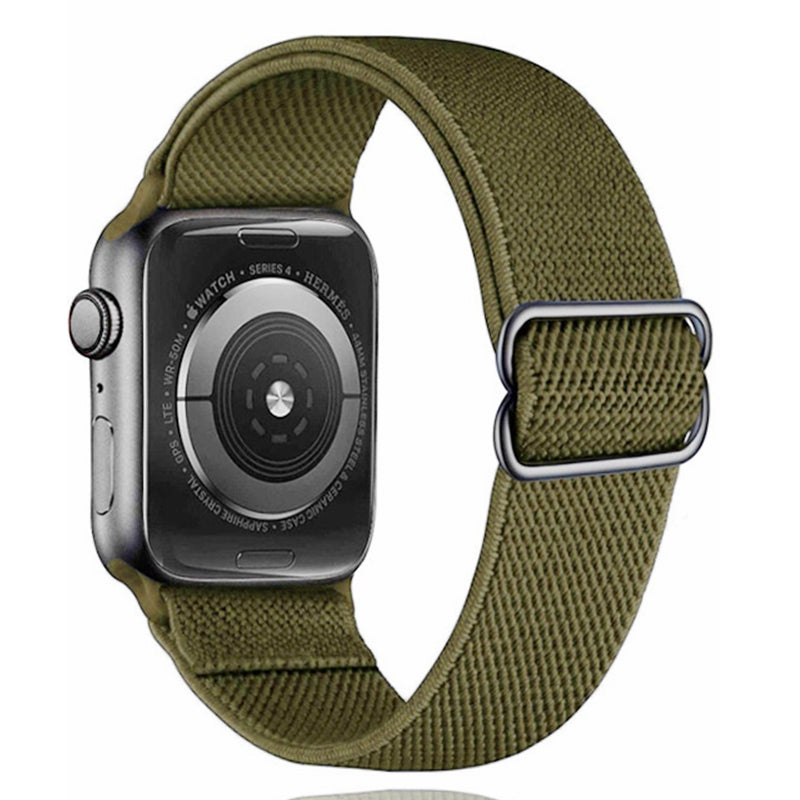 Apple Watch Series 4 with olive green woven elastic loop band and adjustable metal buckle closure
