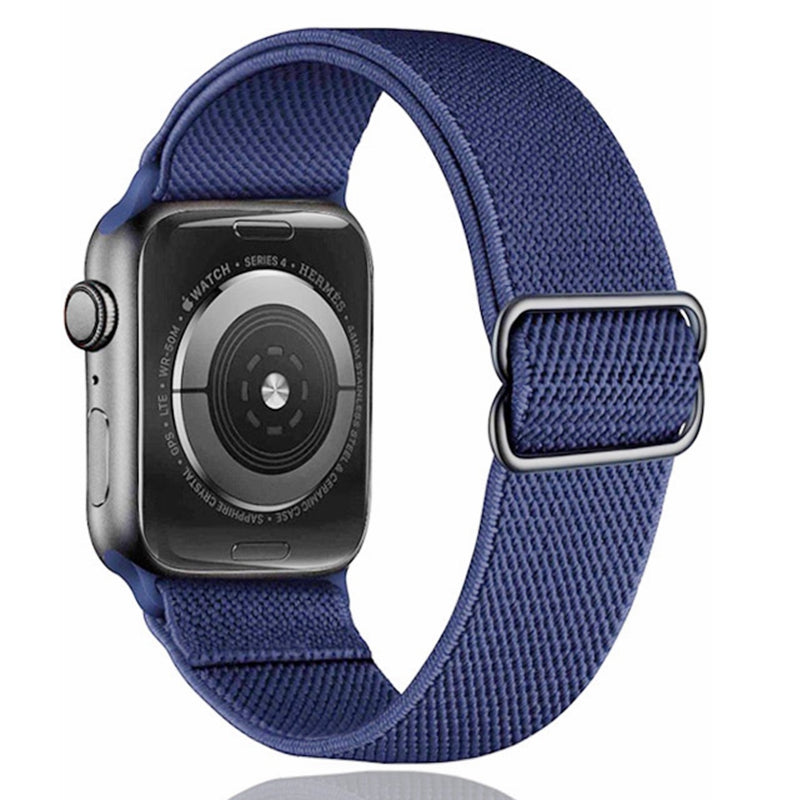 Navy blue woven elastic loop band for Apple Watch Series with silver buckle closure