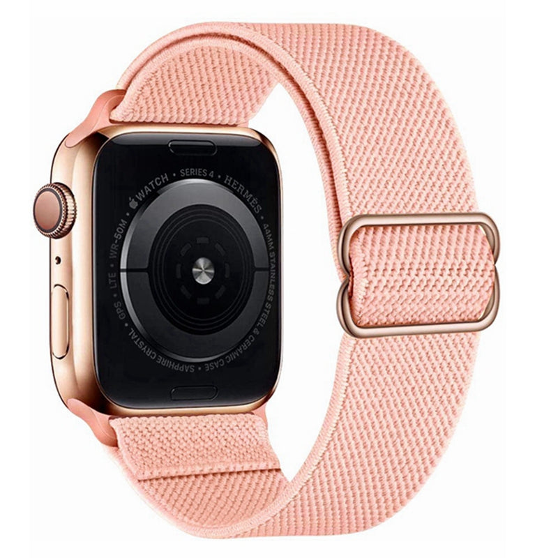 Apple Watch Series 4 with rose gold case and pink woven elastic loop band