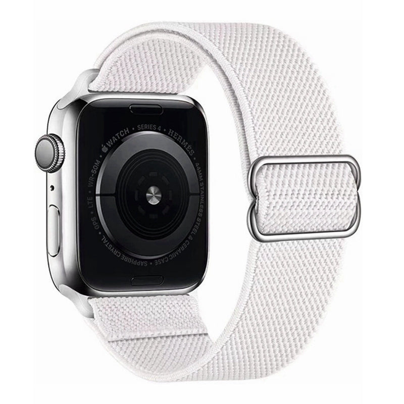 Silver aluminum Apple Watch Series 4 with white woven elastic loop band and magnetic closure clasp