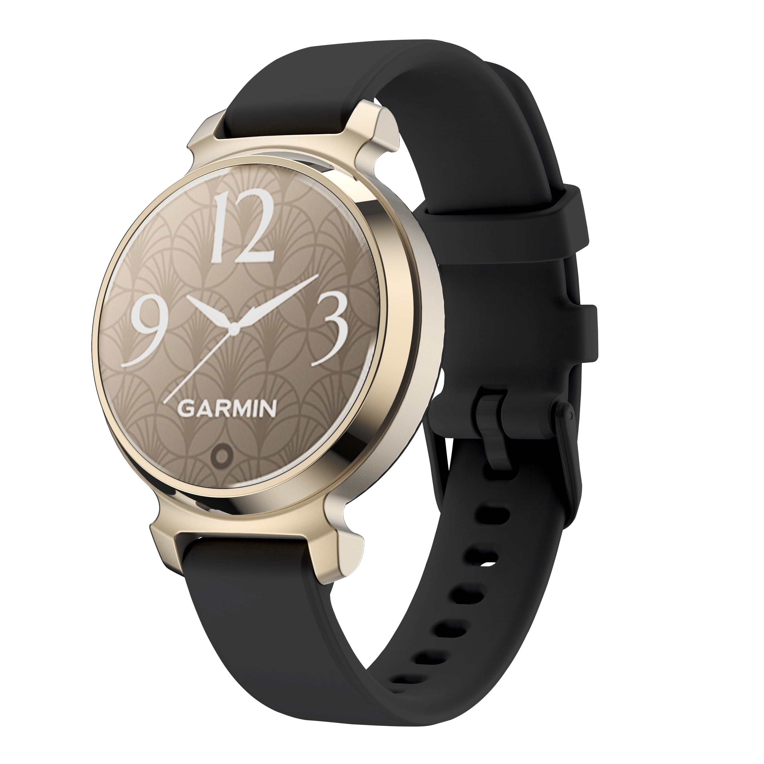 Garmin smartwatch with gold case, beige patterned dial, and black silicone quick release 14mm band