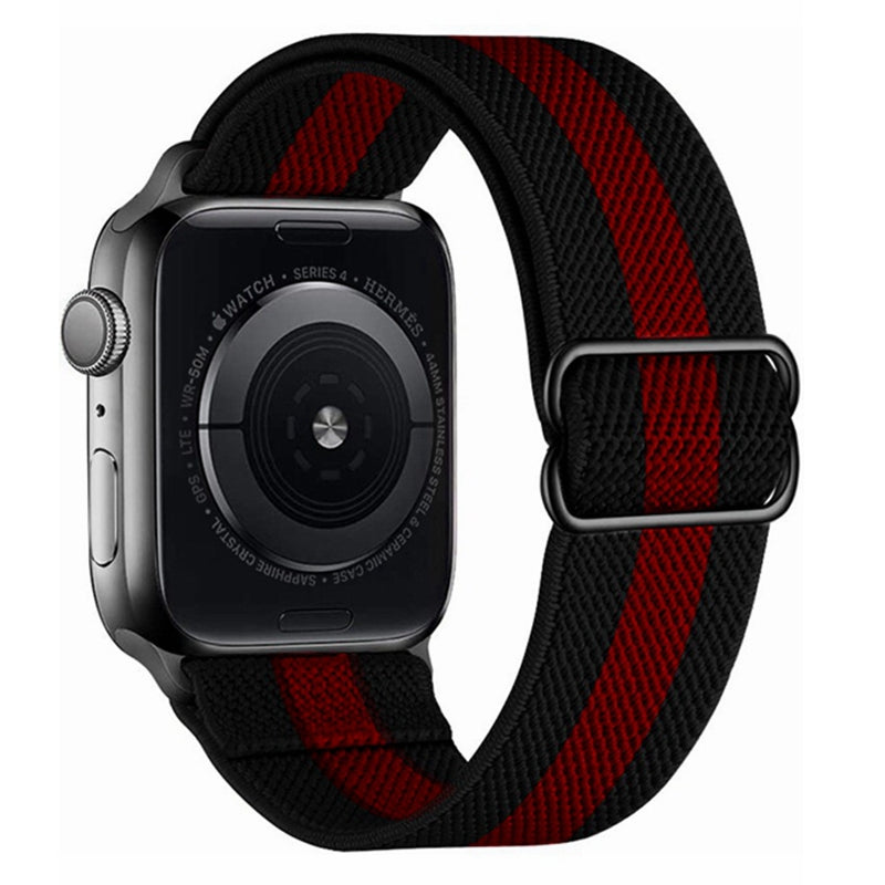 Apple Watch Series 4 with black and red striped woven elastic loop band on white background