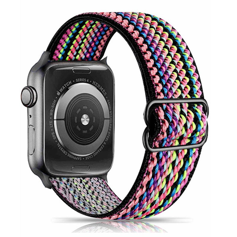 Colorful woven elastic watch band for Apple Watch Series 4 with multicolor striped pattern and adjustable fit