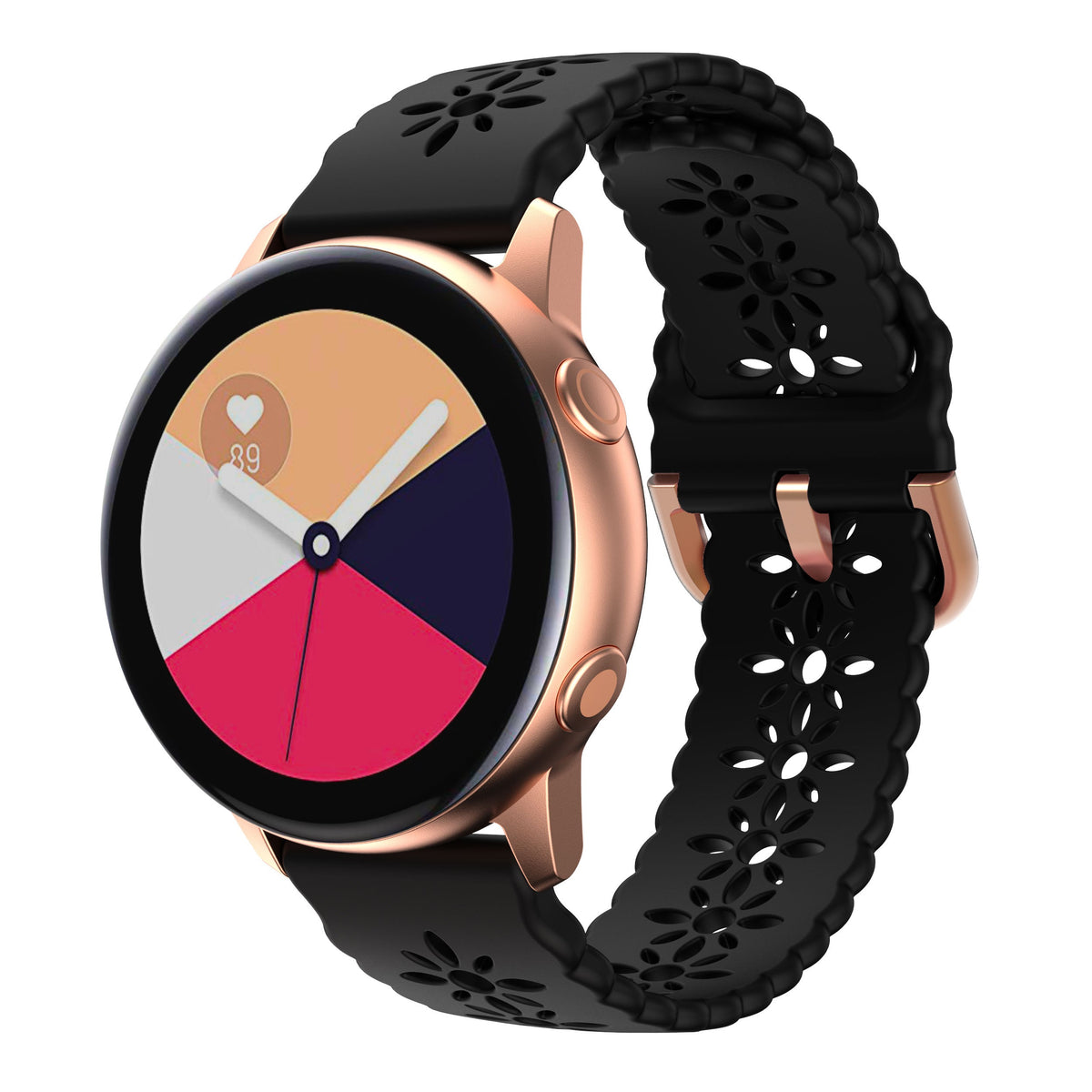 Rose gold smartwatch with colorful pie chart display and black perforated silicone floral band with quick release clasp