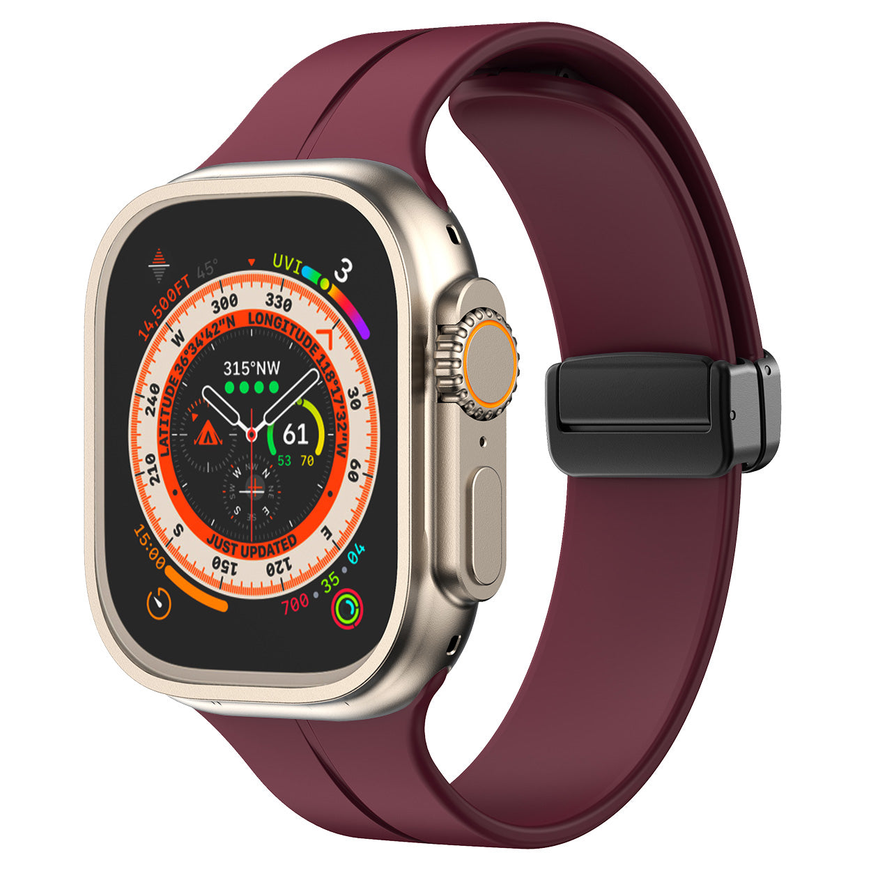 Stainless steel smartwatch with compass dial display and burgundy silicone band featuring magnetic clasp closure