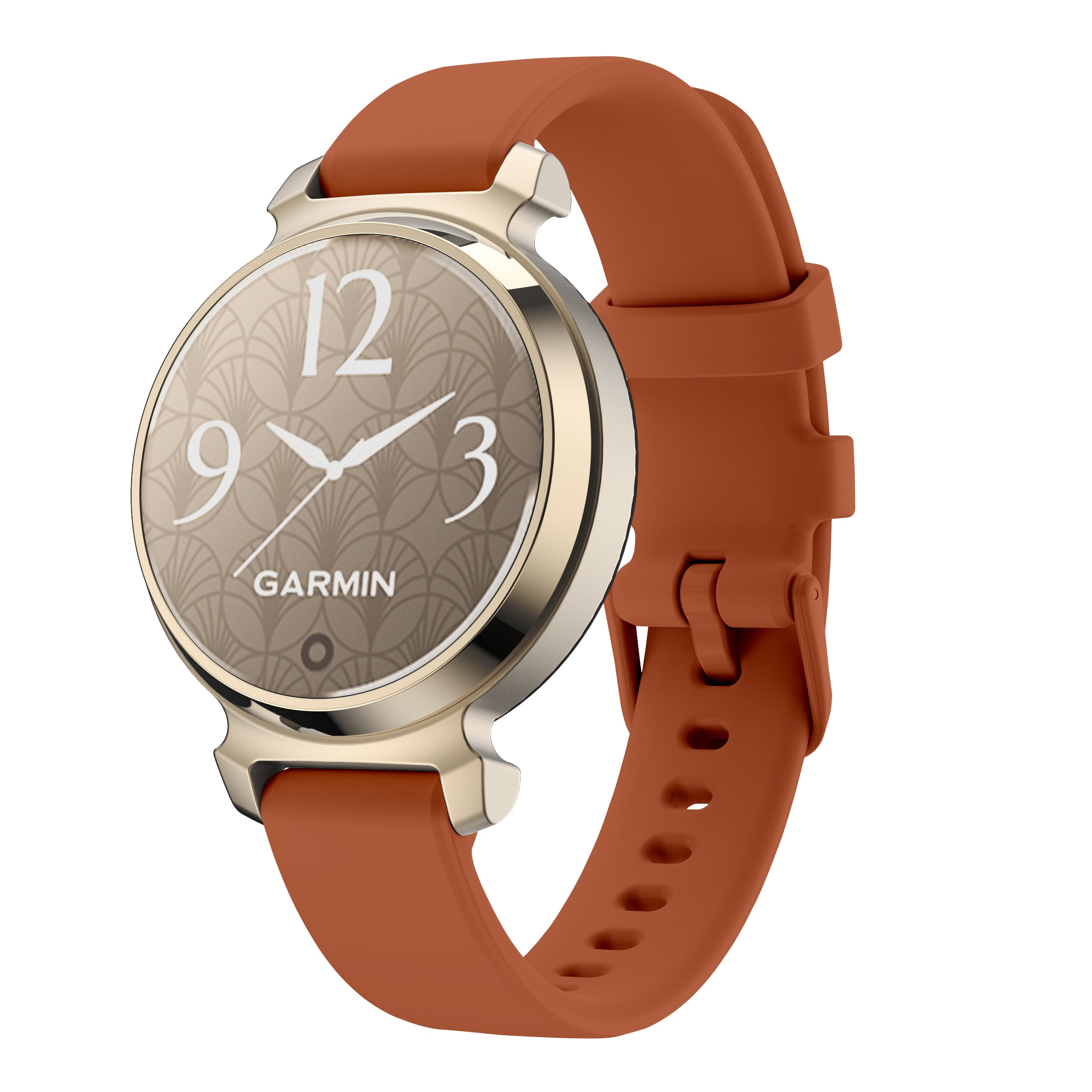 Garmin smartwatch with champagne gold case, tan patterned dial, and terracotta silicone quick-release 14mm band
