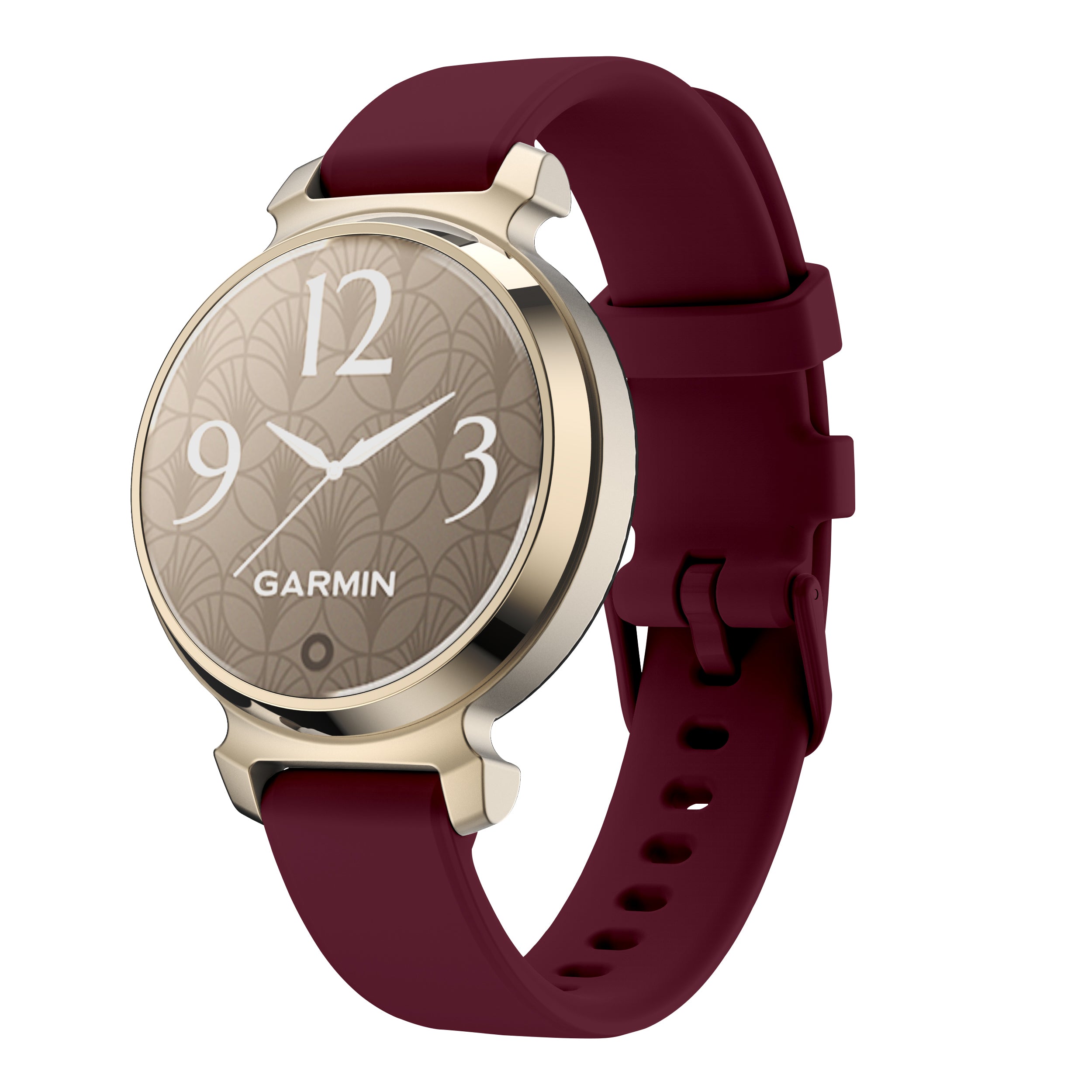 Garmin smartwatch with gold case, beige dial, and burgundy silicone quick-release band