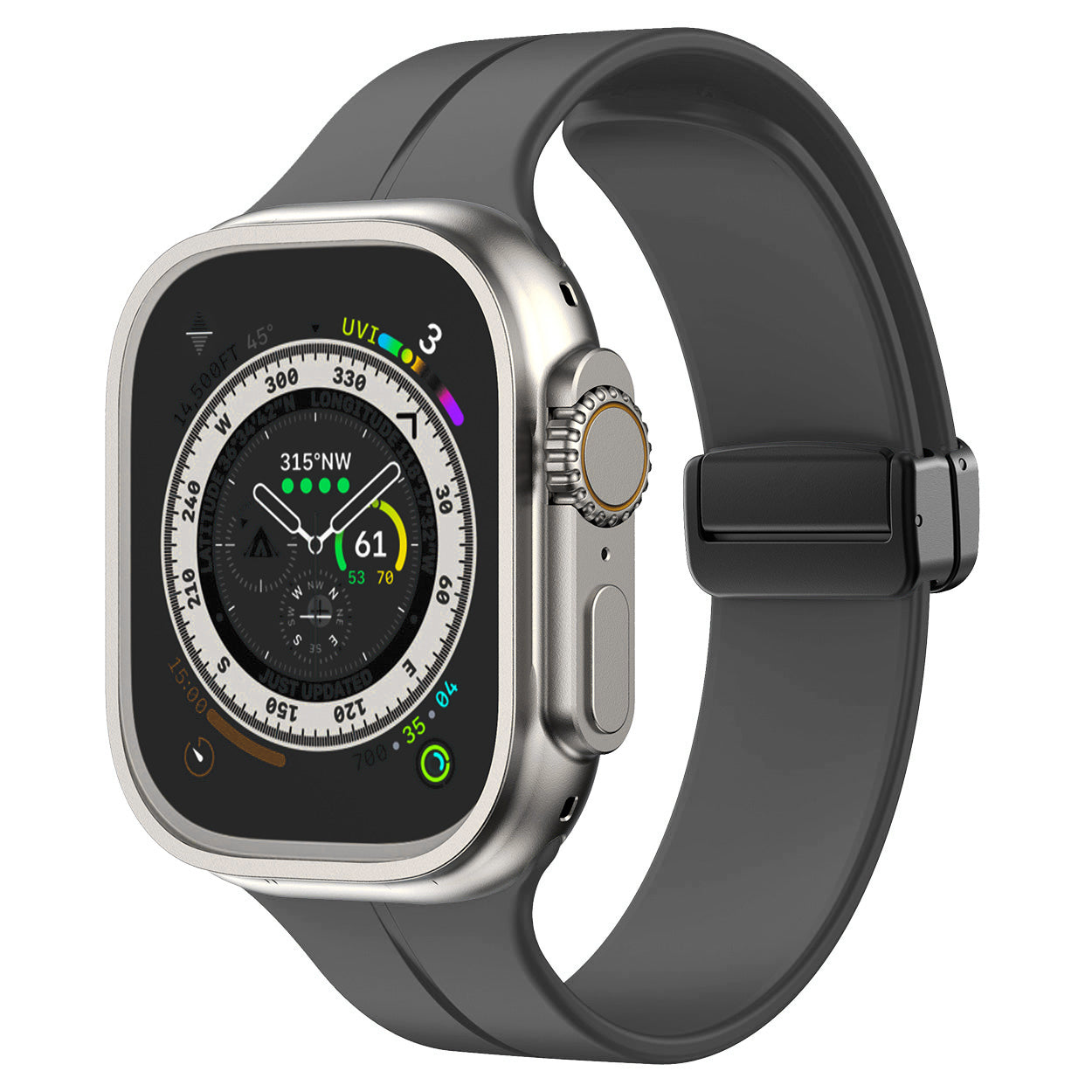 Silver smartwatch with black silicone band and magnetic clasp, displaying compass and fitness metrics on screen