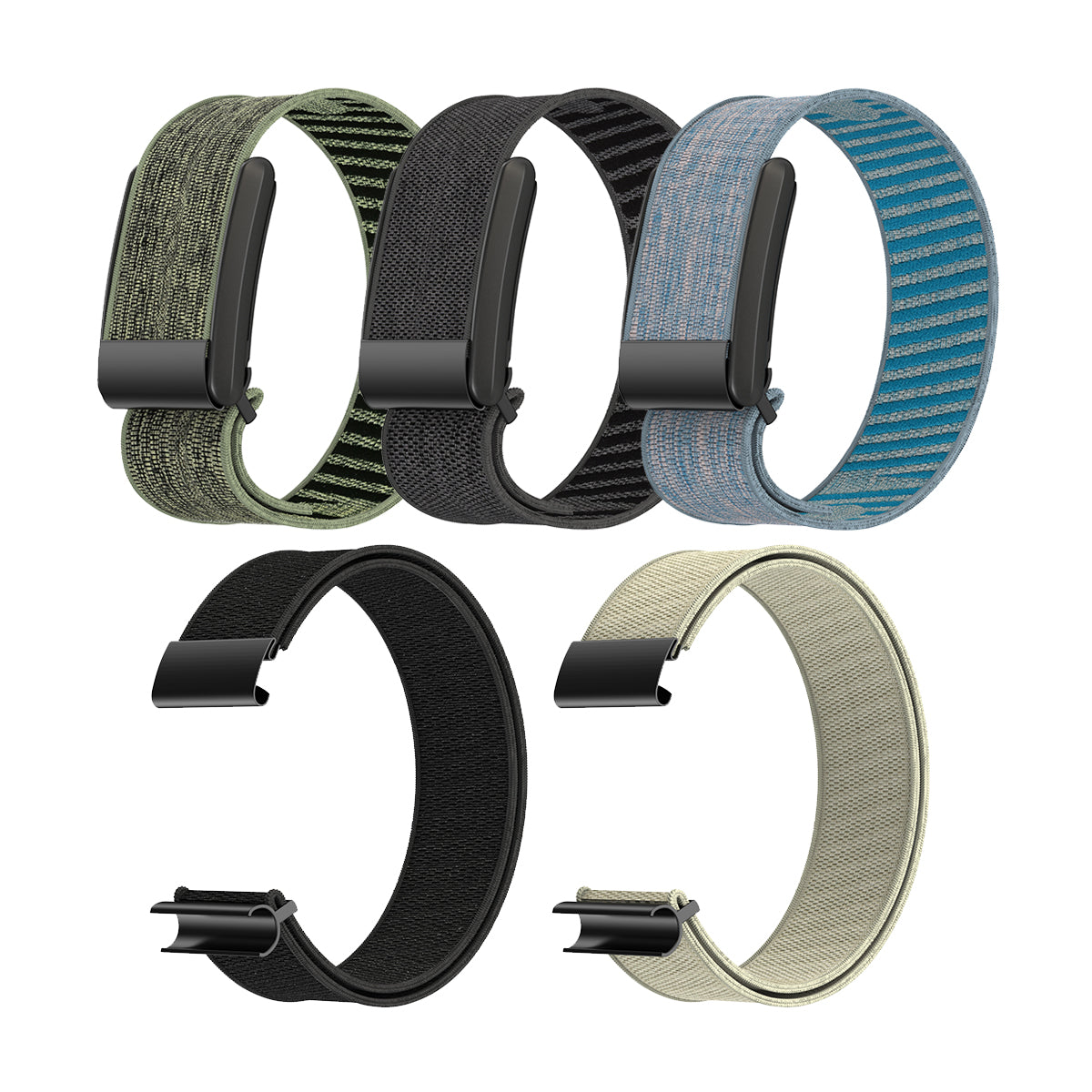 Five woven loop band options for Whoop 4 fitness tracker in olive, black, teal, and tan colors with black buckle closures