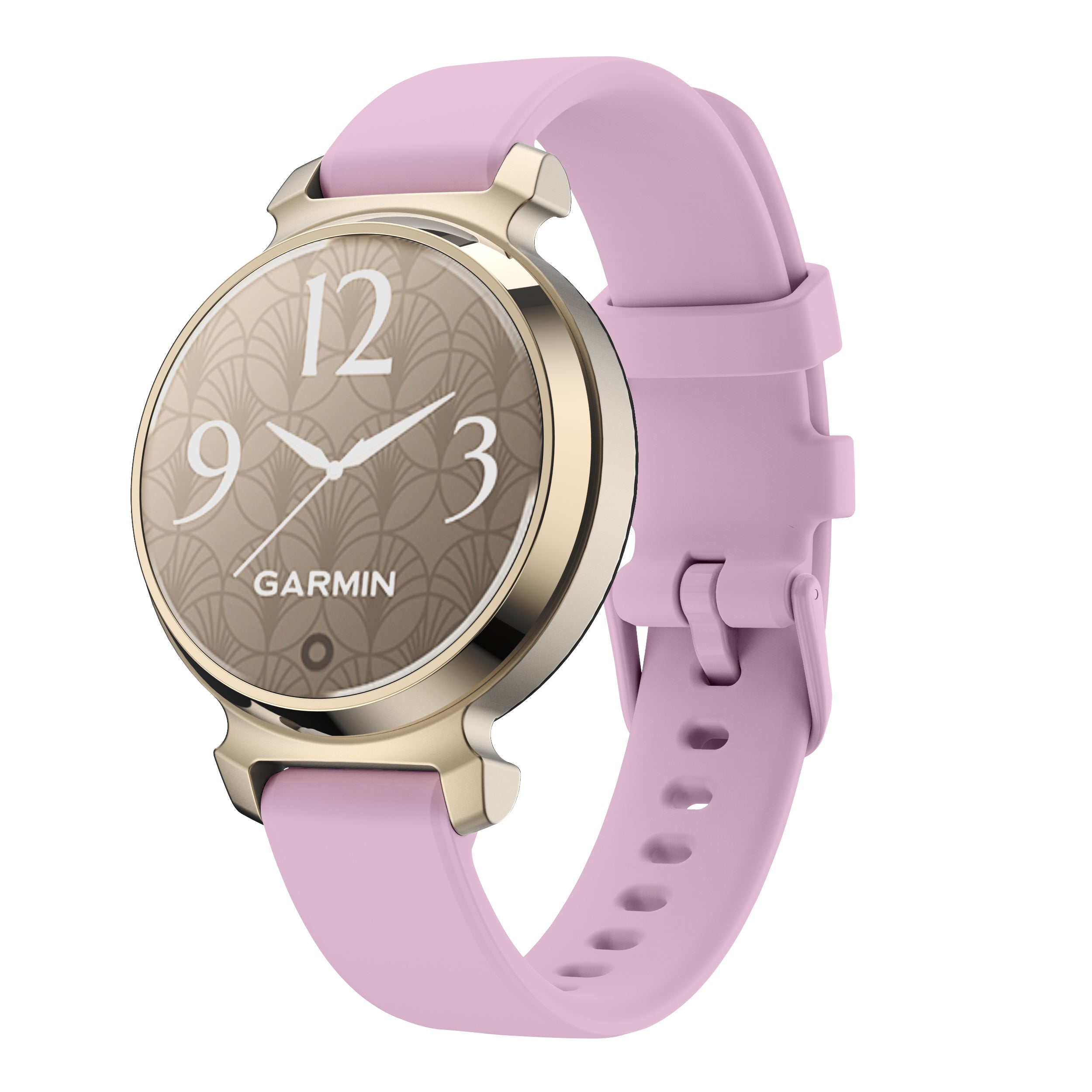 Garmin smartwatch with champagne gold case, decorative dial pattern, and lavender silicone quick release band