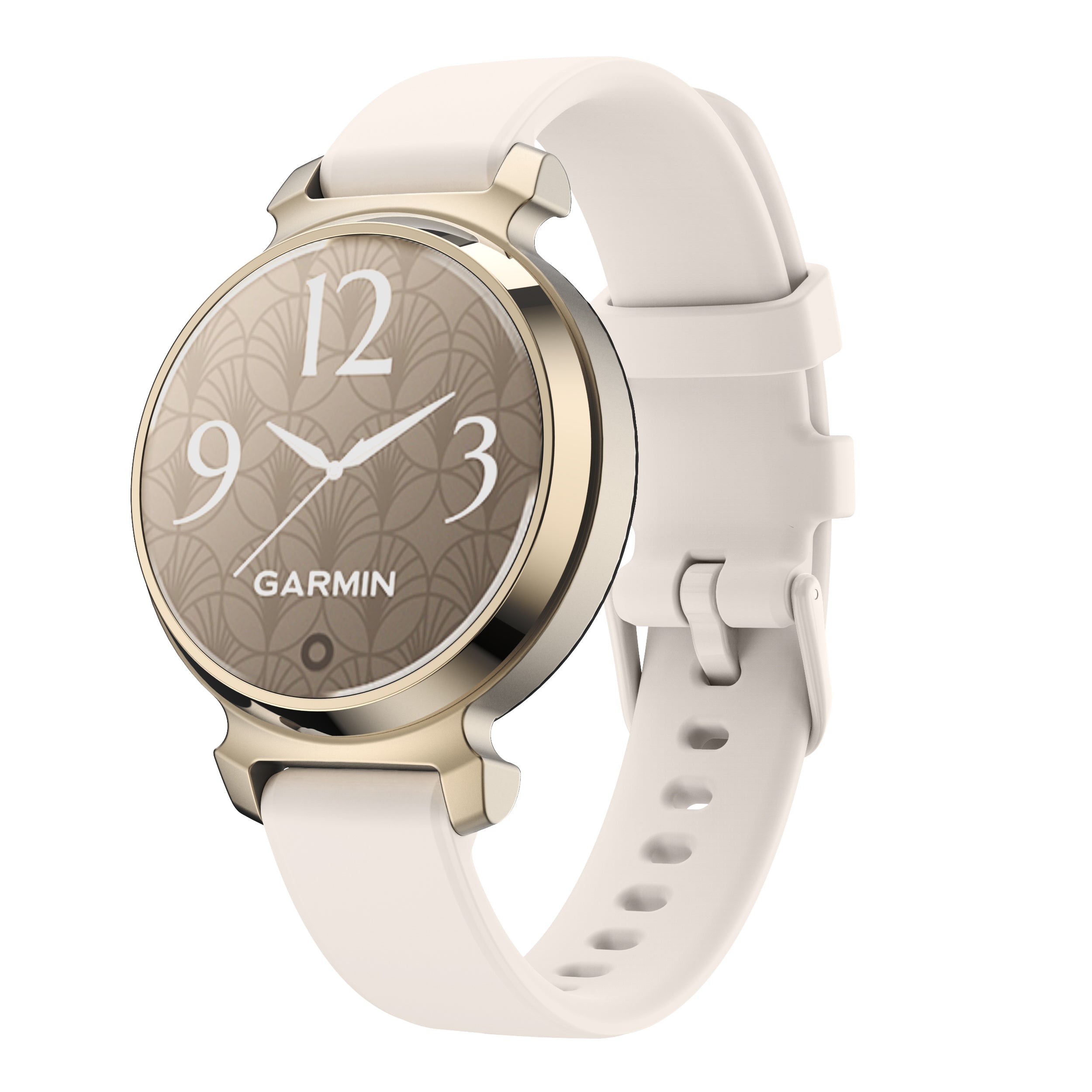 Garmin smartwatch with gold case, beige dial featuring ornamental pattern, white silicone band with quick release mechanism
