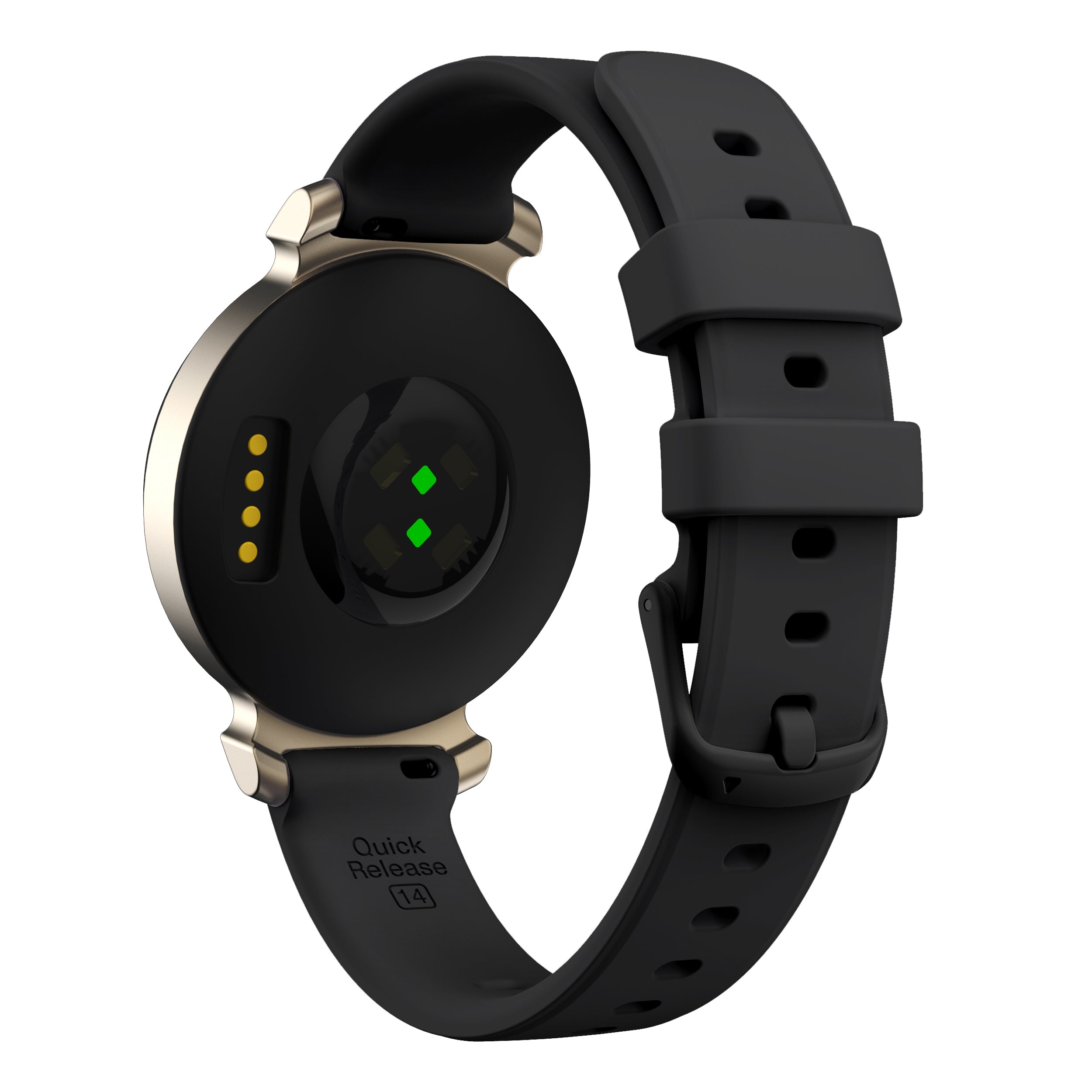 Black smartwatch with gold bezel, yellow LED indicators, green dots on dial, quick release silicone band with adjustable holes