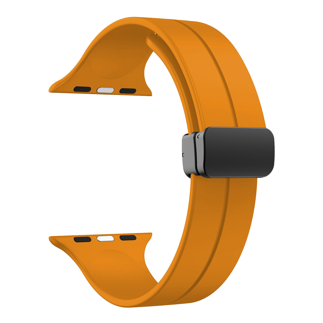 Orange silicone smartwatch band with black magnetic deployant clasp and connector ports for Apple Watch