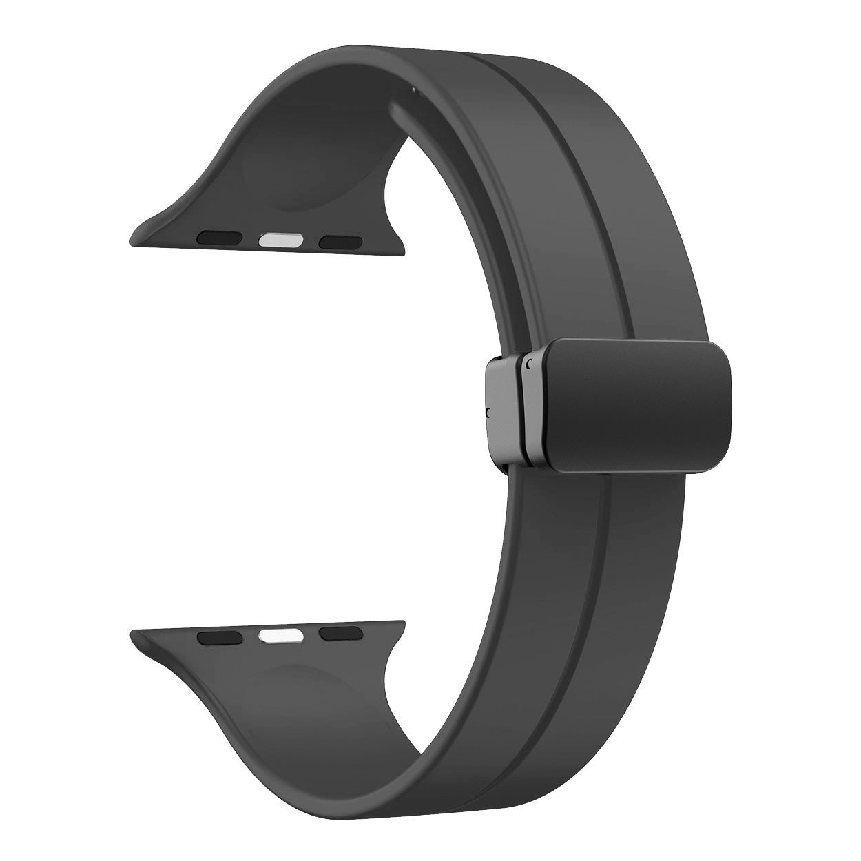 Black silicone sport band with magnetic deployant clasp for Apple Watch, adjustable fit