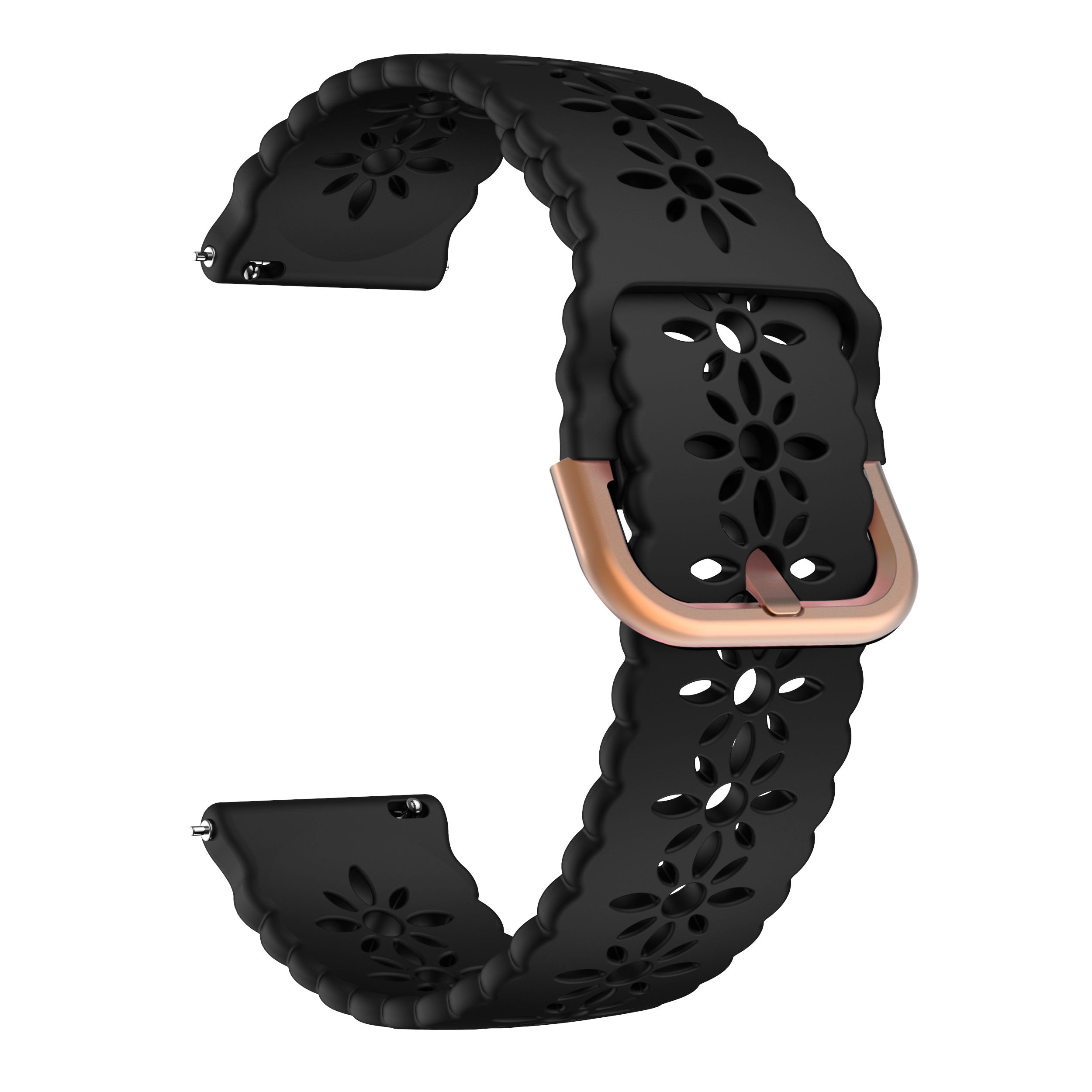 Black perforated silicone smartwatch band with rose gold quick release buckle and floral cutout design