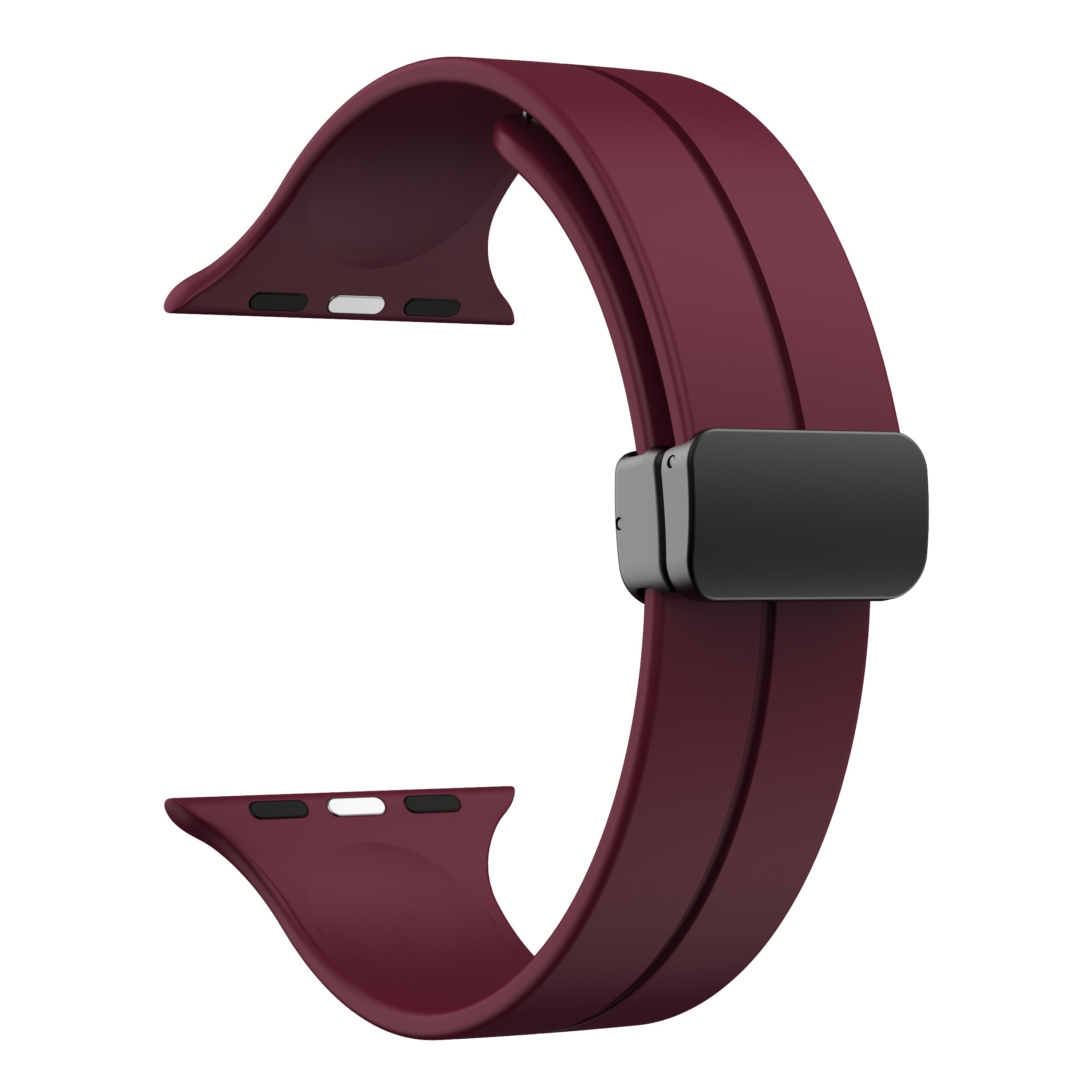 Burgundy silicone watch band with magnetic deployant clasp for Apple Watch, adjustable strap with black metal buckle