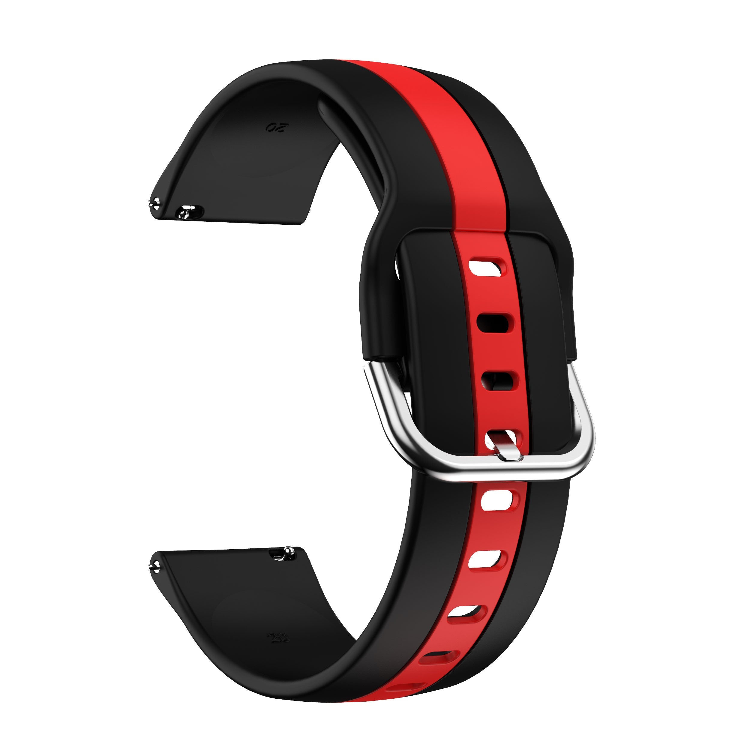 Black and red striped silicone quick release watch band with metal buckle and ventilation holes