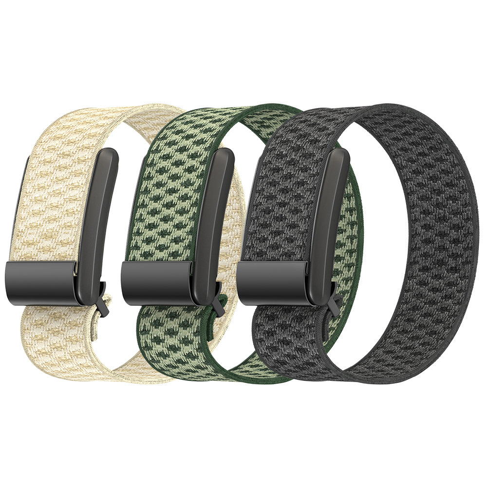 Whoop 4 knit straps in cream, green, and black with black buckle closures displayed side by side