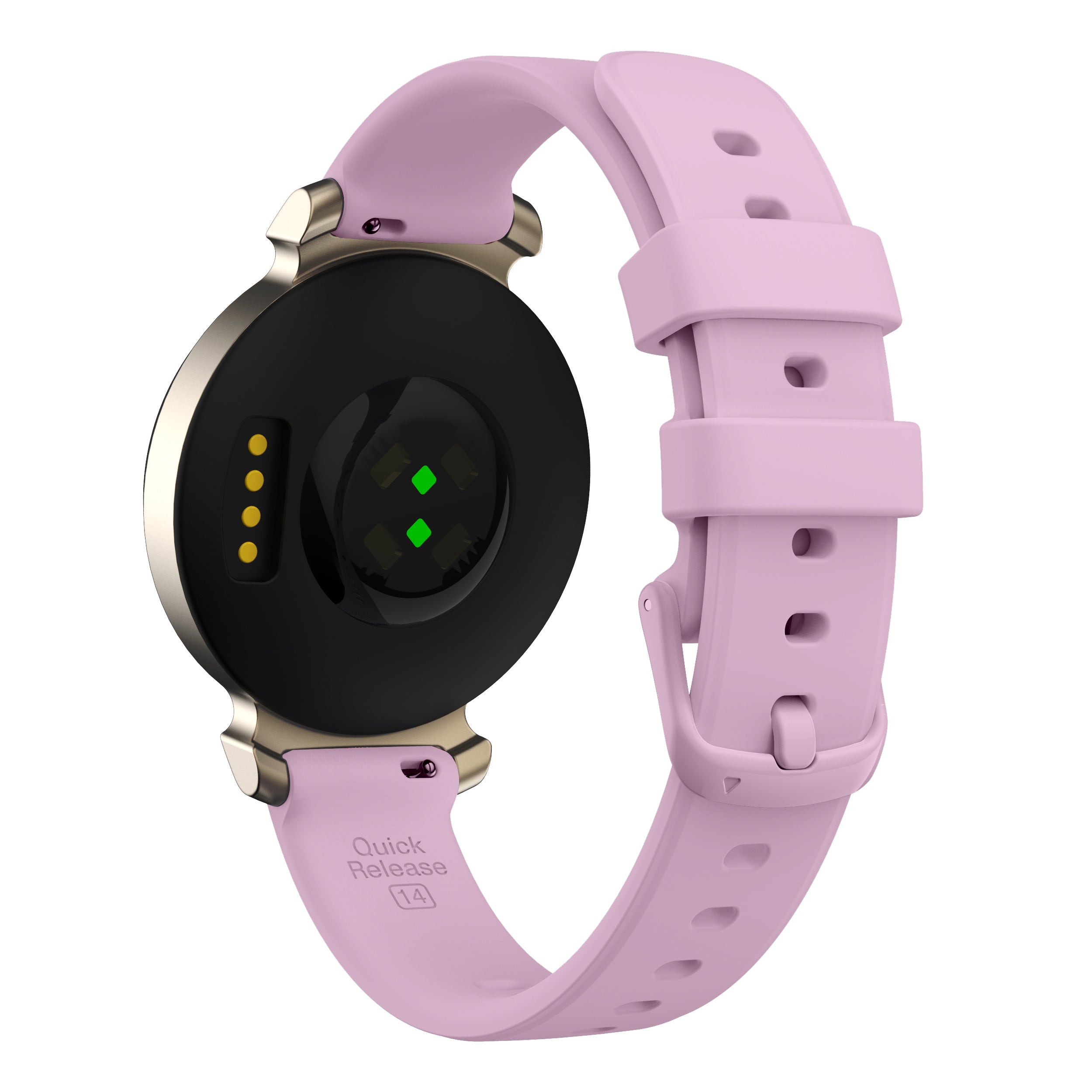 Pink silicone smartwatch band with quick release 14mm connector and gold hardware for women's fitness tracking