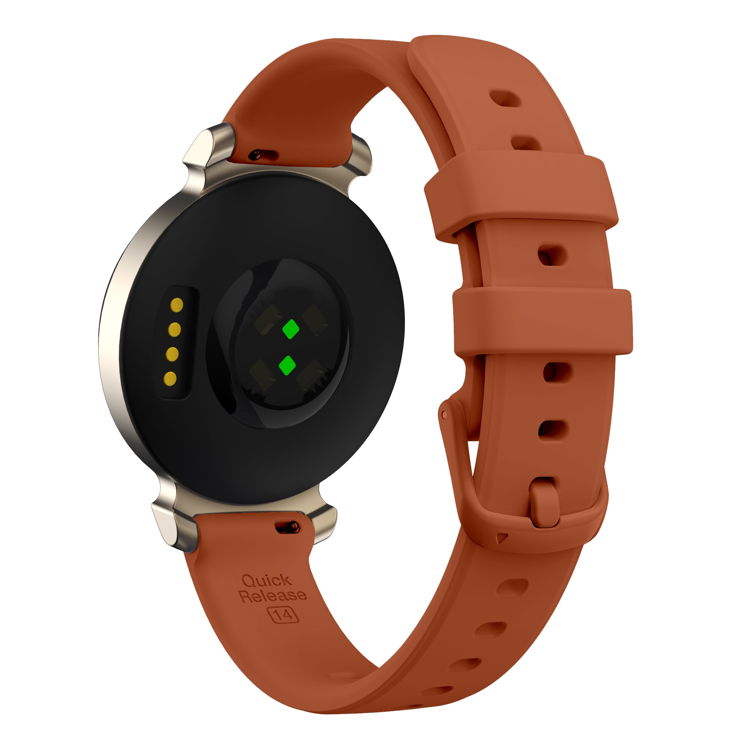 Smartwatch with black circular face, green indicators, yellow LED lights, stainless steel bezel, and terracotta silicone quick release strap