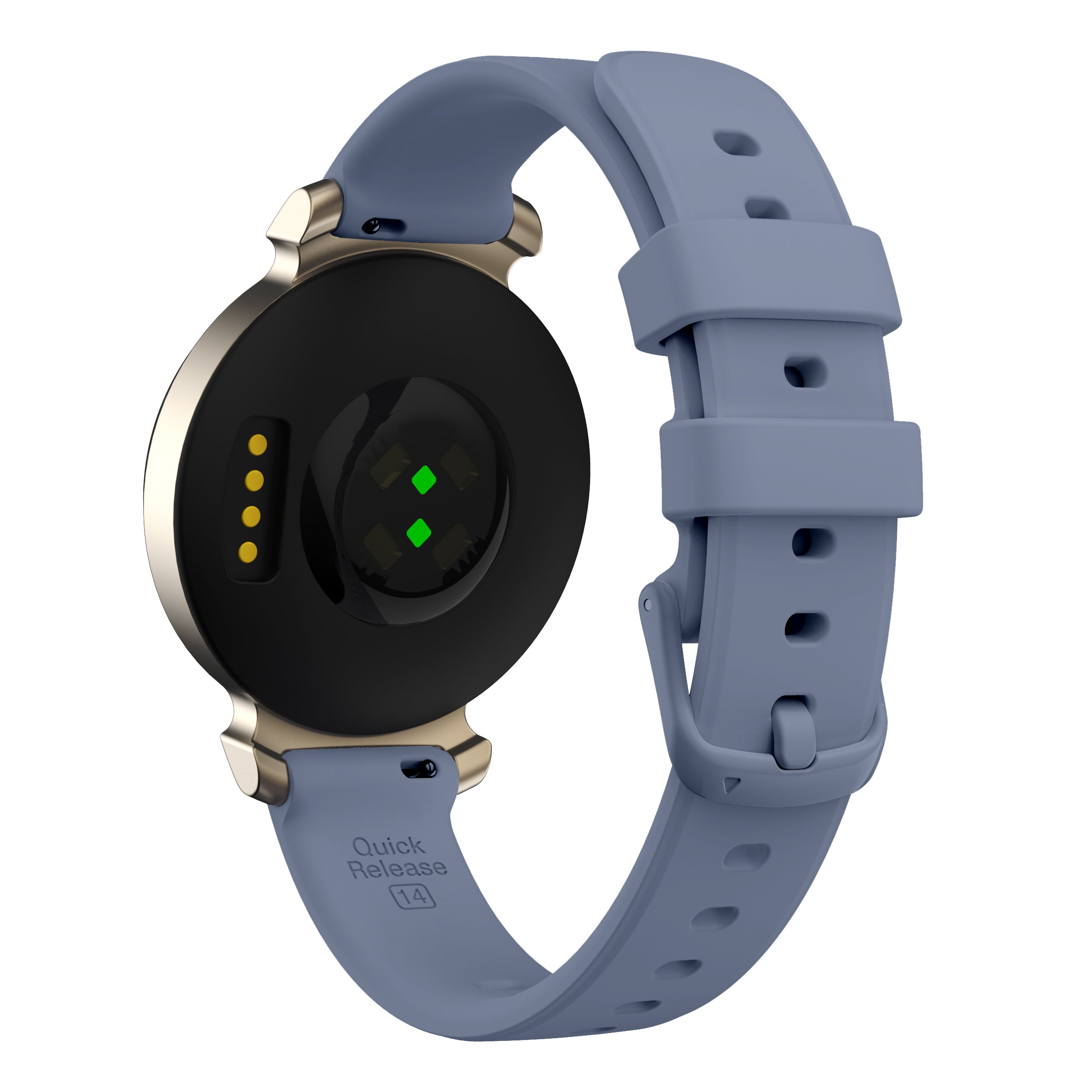 Women's smartwatch with black round face, gold accents, blue silicone quick release band, and indicator lights