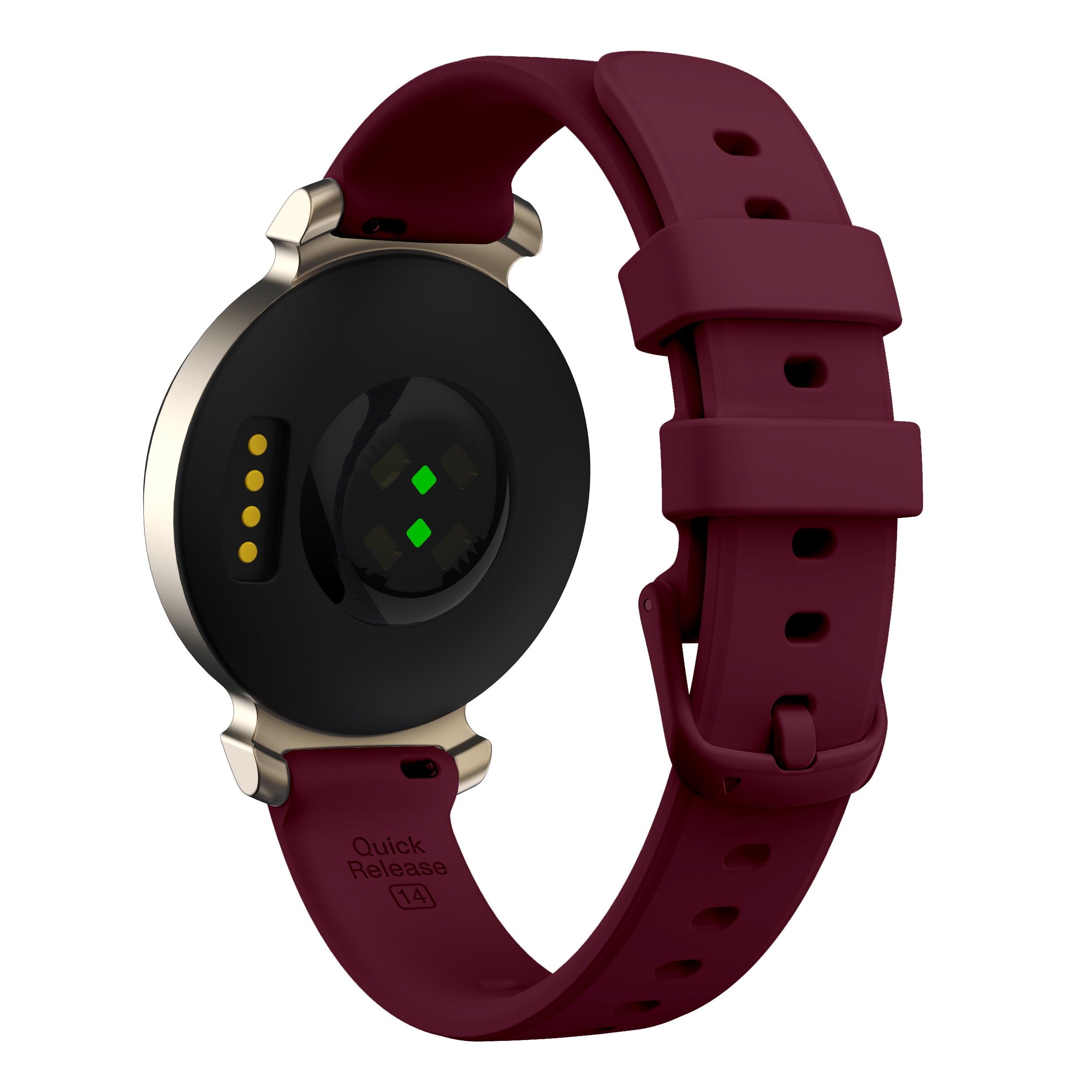 Burgundy silicone smartwatch with black round face, gold accents, green indicators, and quick release 14mm band
