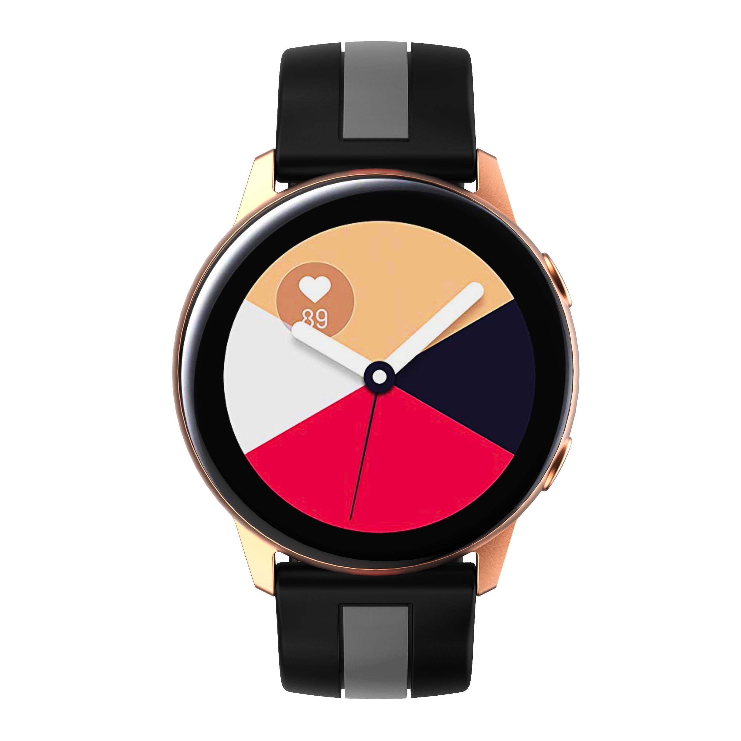 Rose gold smartwatch with colorful dial, heart rate monitor showing 89 bpm, black silicone band with gray stripes