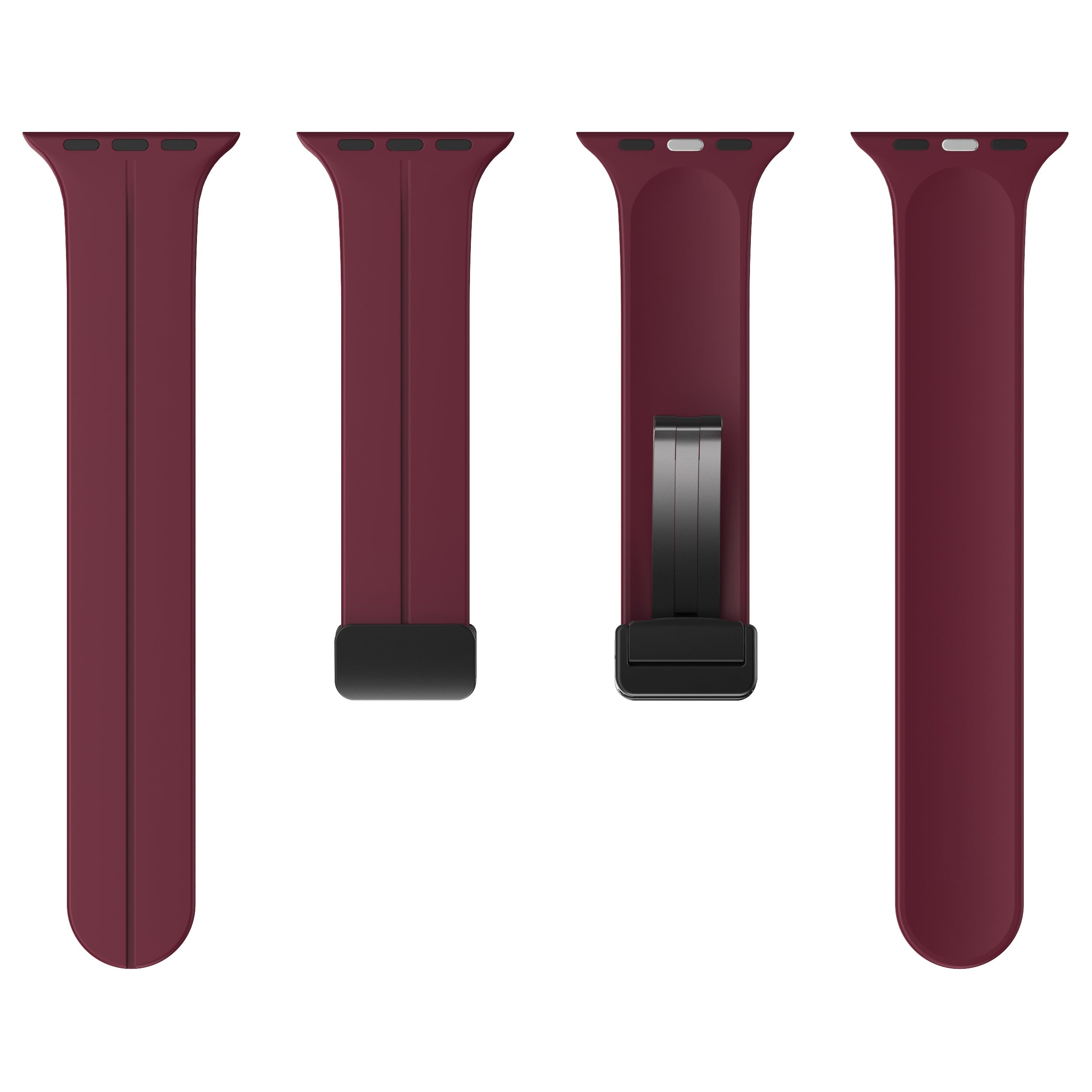 Burgundy silicone smartwatch band with magnetic deployant clasp, showing front and back views with connector details