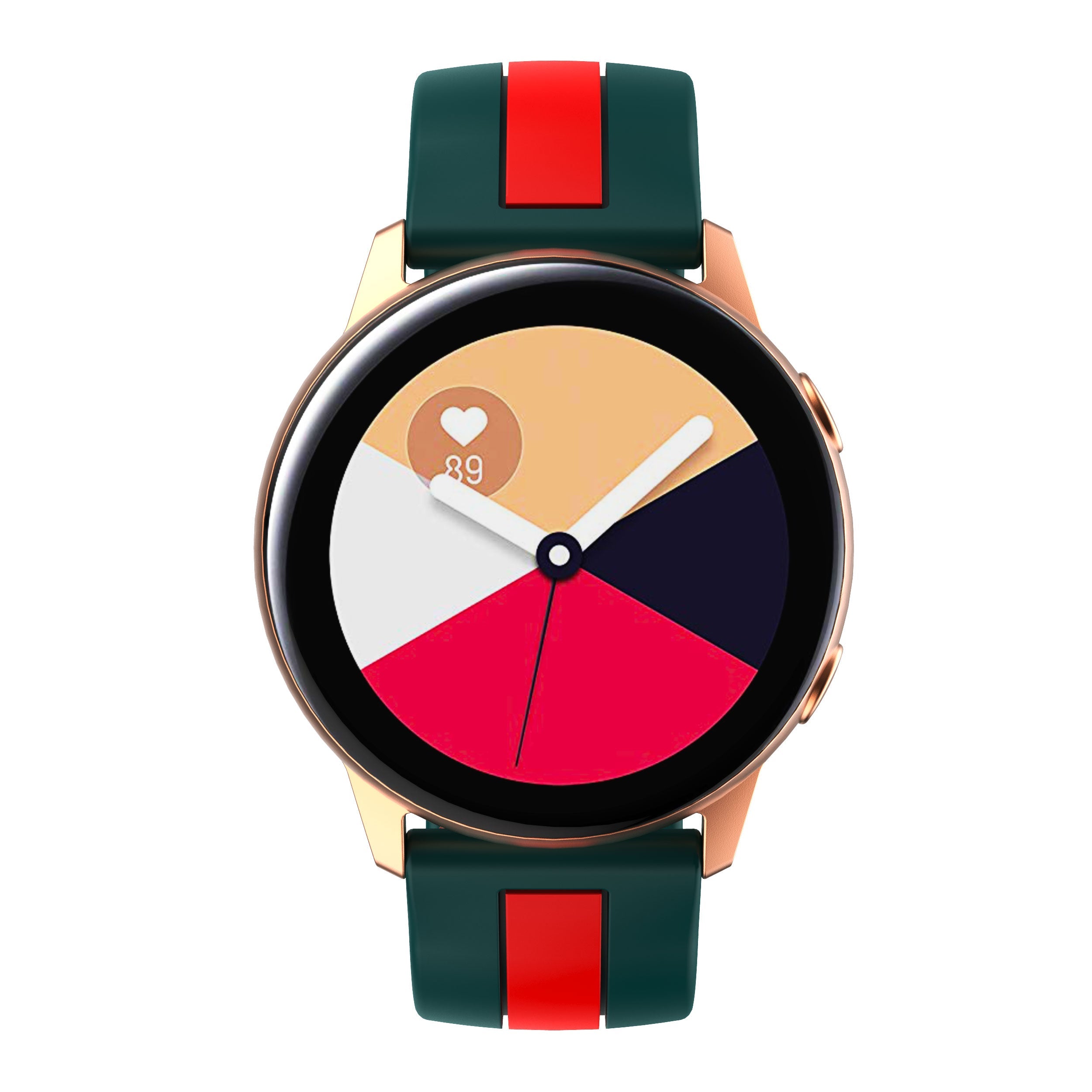 Smartwatch with rose gold case, colorful dial, heart rate monitor displaying 89 BPM, and green-red striped silicone quick release band