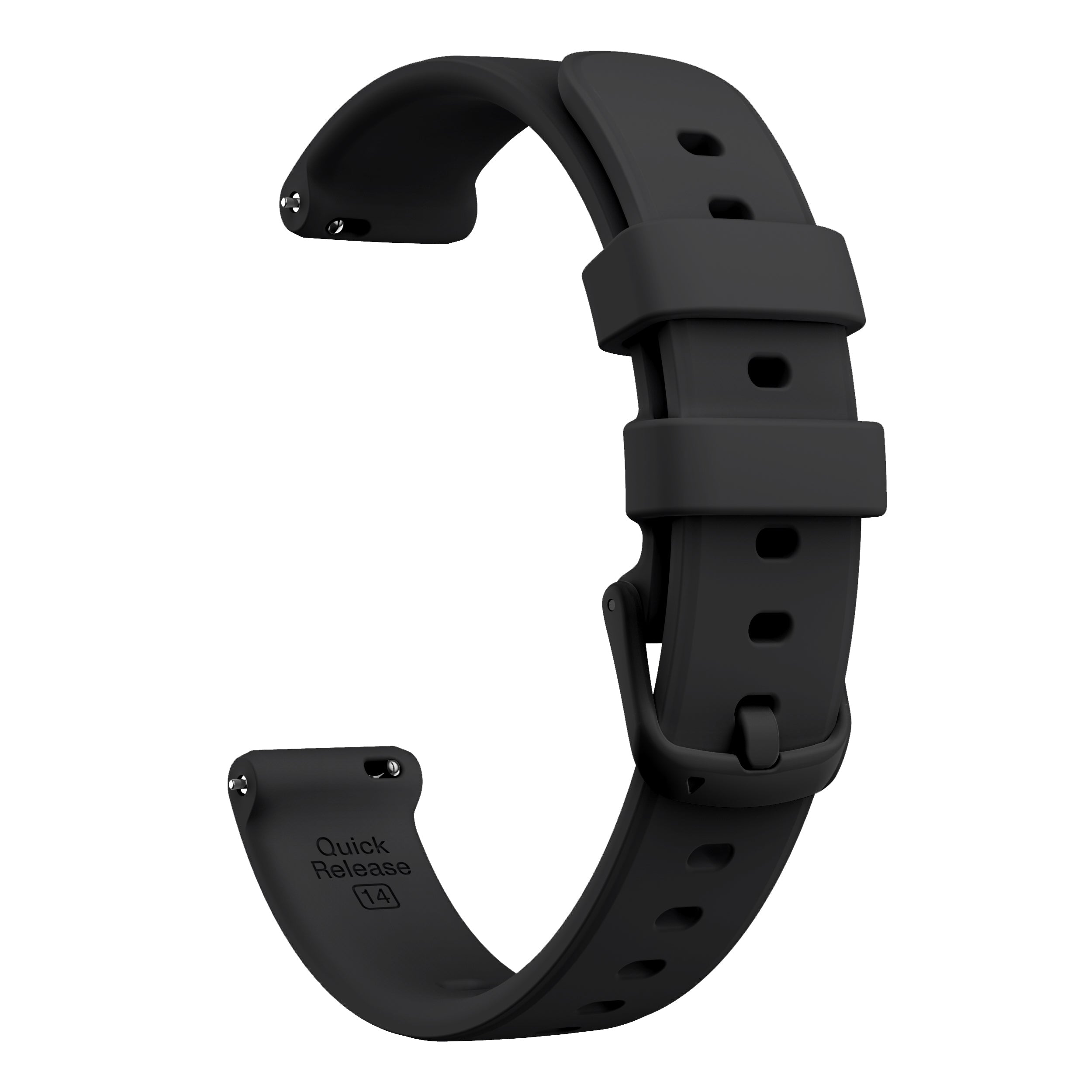 Black silicone quick release watch band with 14mm connector and adjustable fit holes