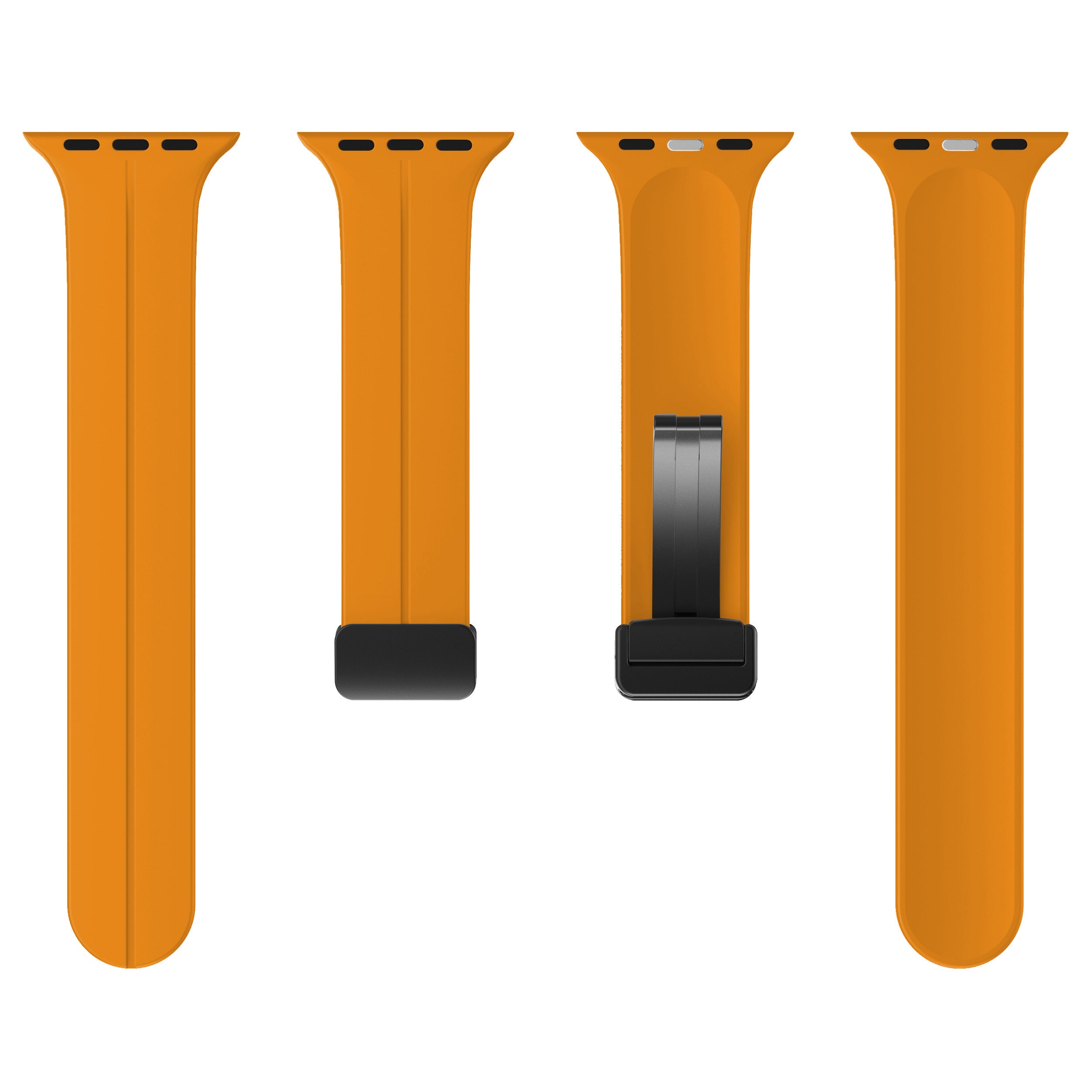 Orange silicone Apple Watch band with magnetic deployant clasp in black, shown in four views including open and closed states
