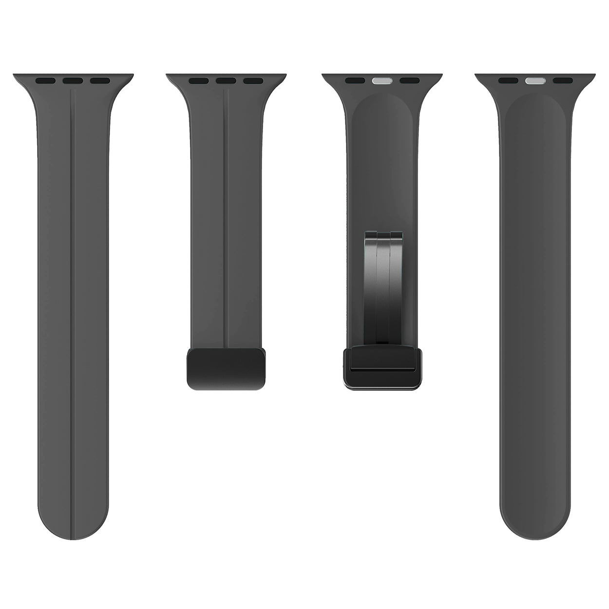 Black silicone sport bands with magnetic clasp for Apple Watch, featuring flexible design and quick-release connectors
