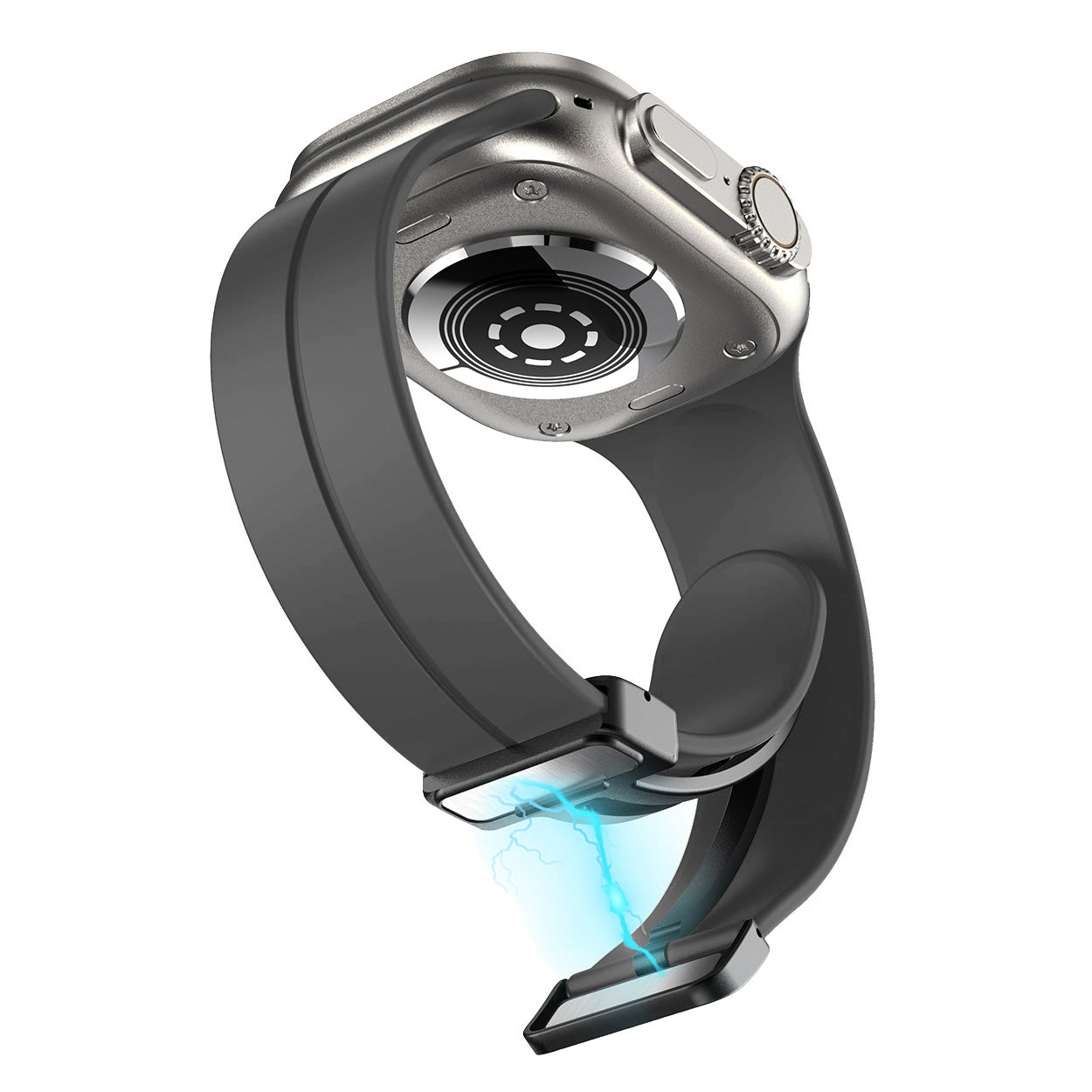 Flexi silicone smartwatch band with magnetic deployant clasp, black elastic strap design compatible with Apple Watch
