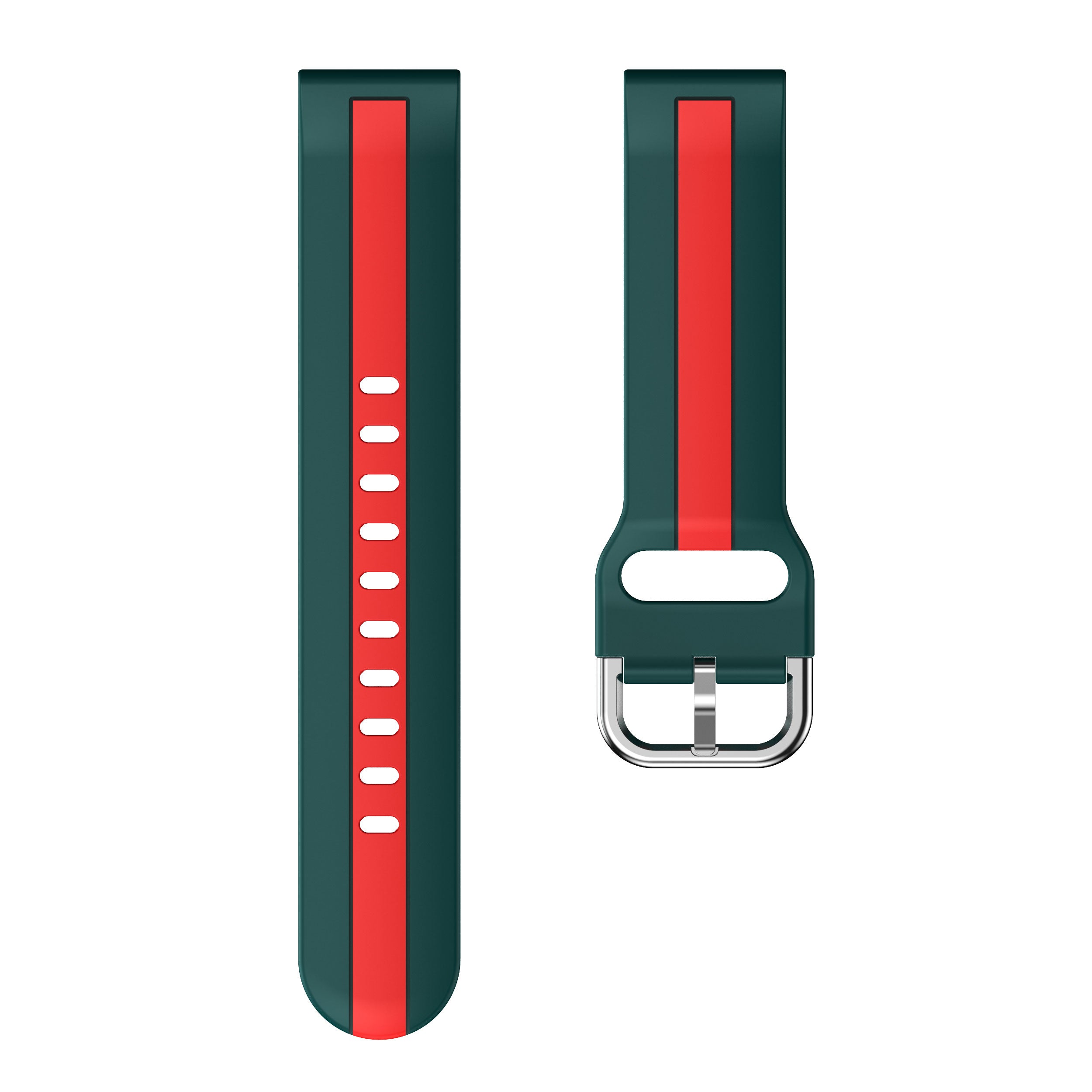 Teal and red striped silicone quick release watch band with metal buckle clasp