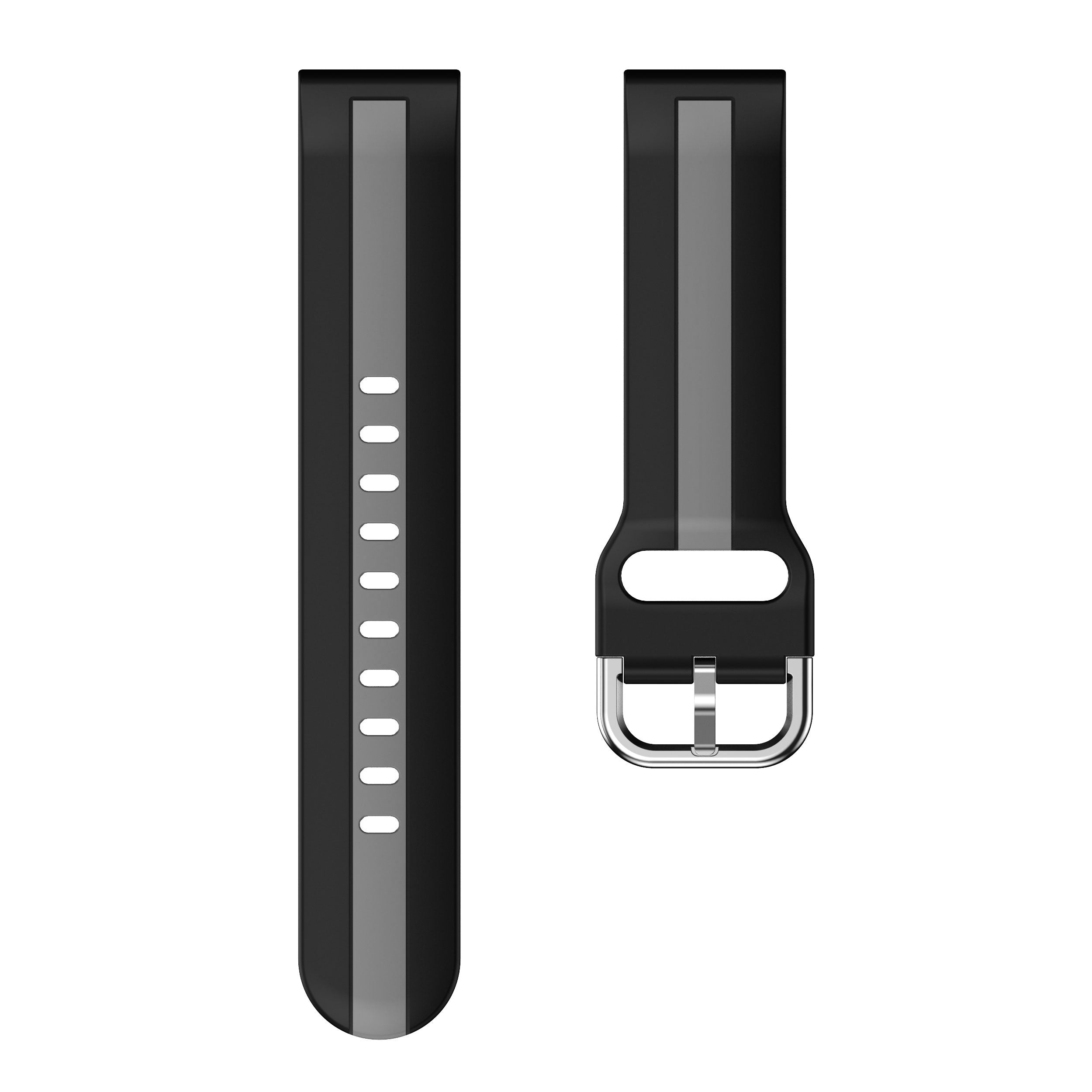 Black and gray striped silicone quick release watch band with metal buckle clasp and ventilation holes