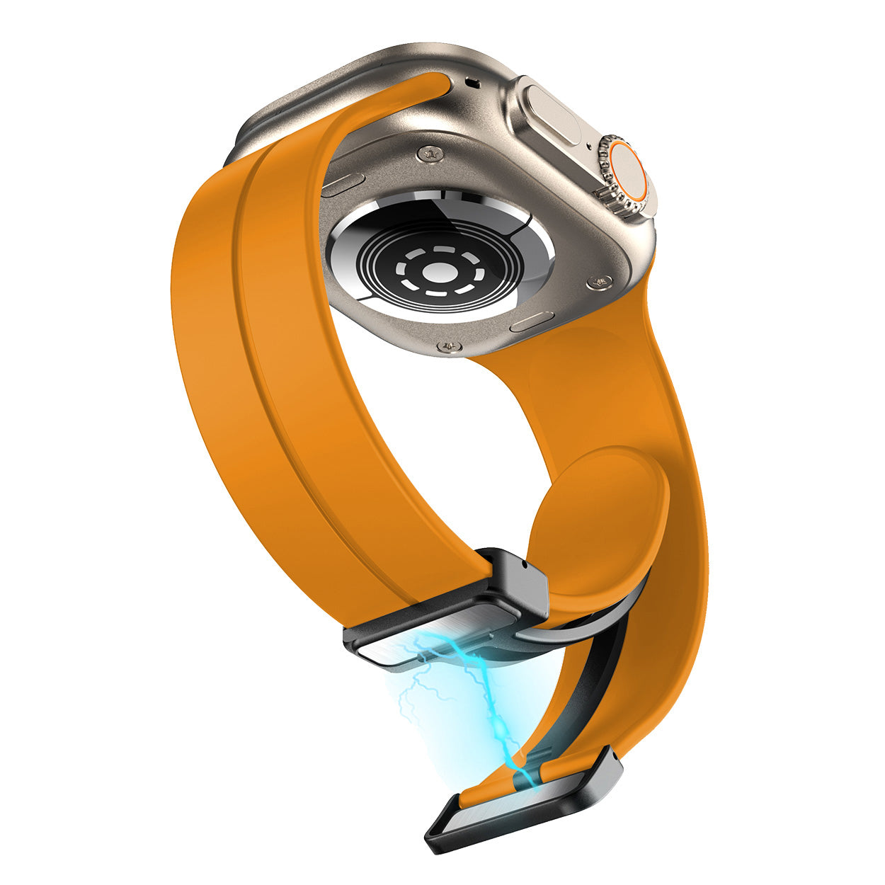 Orange silicone band smartwatch with silver case, magnetic clasp and rotating digital crown isolated on white background