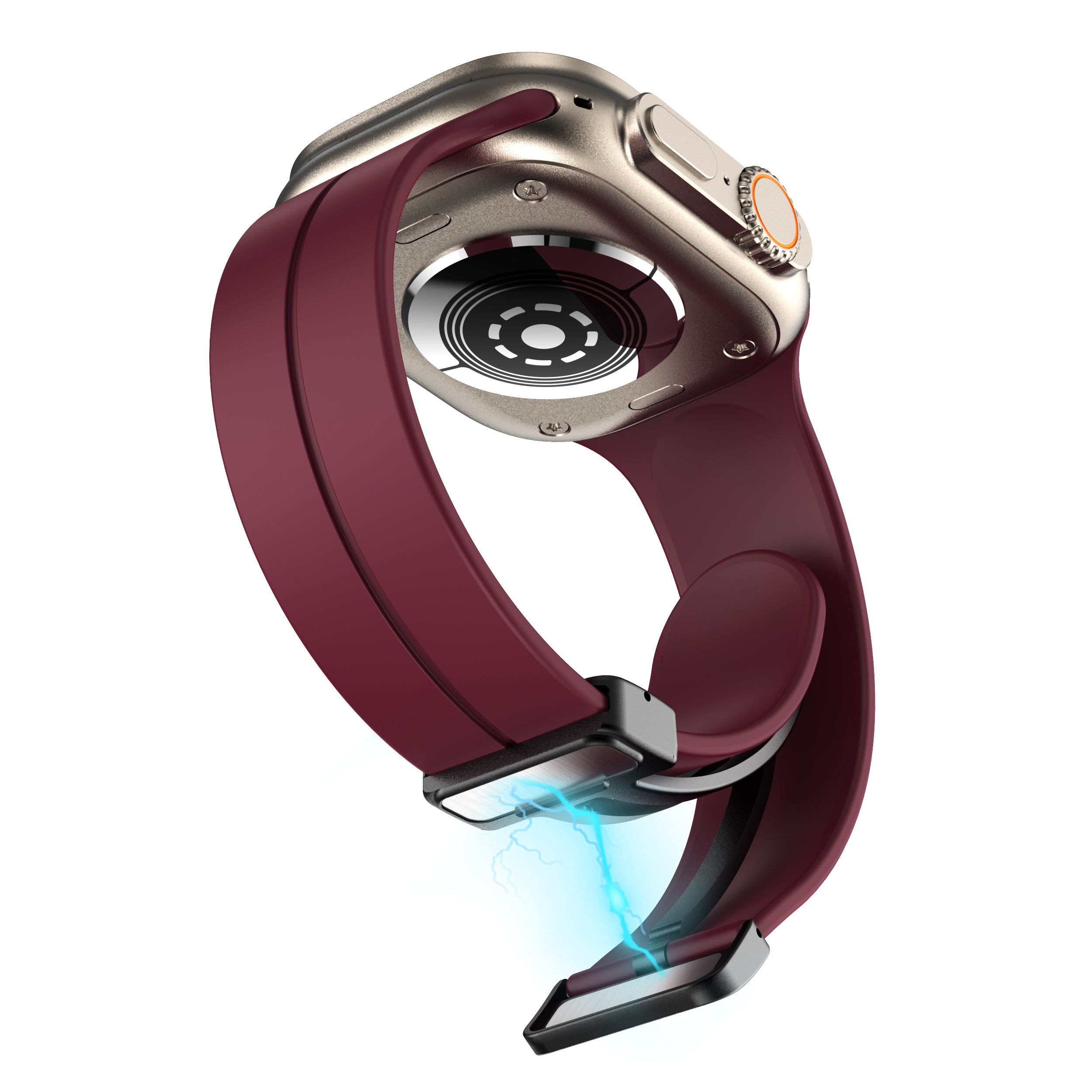 Burgundy silicone Apple Watch band with magnetic deployant clasp and titanium case connector, flexible design