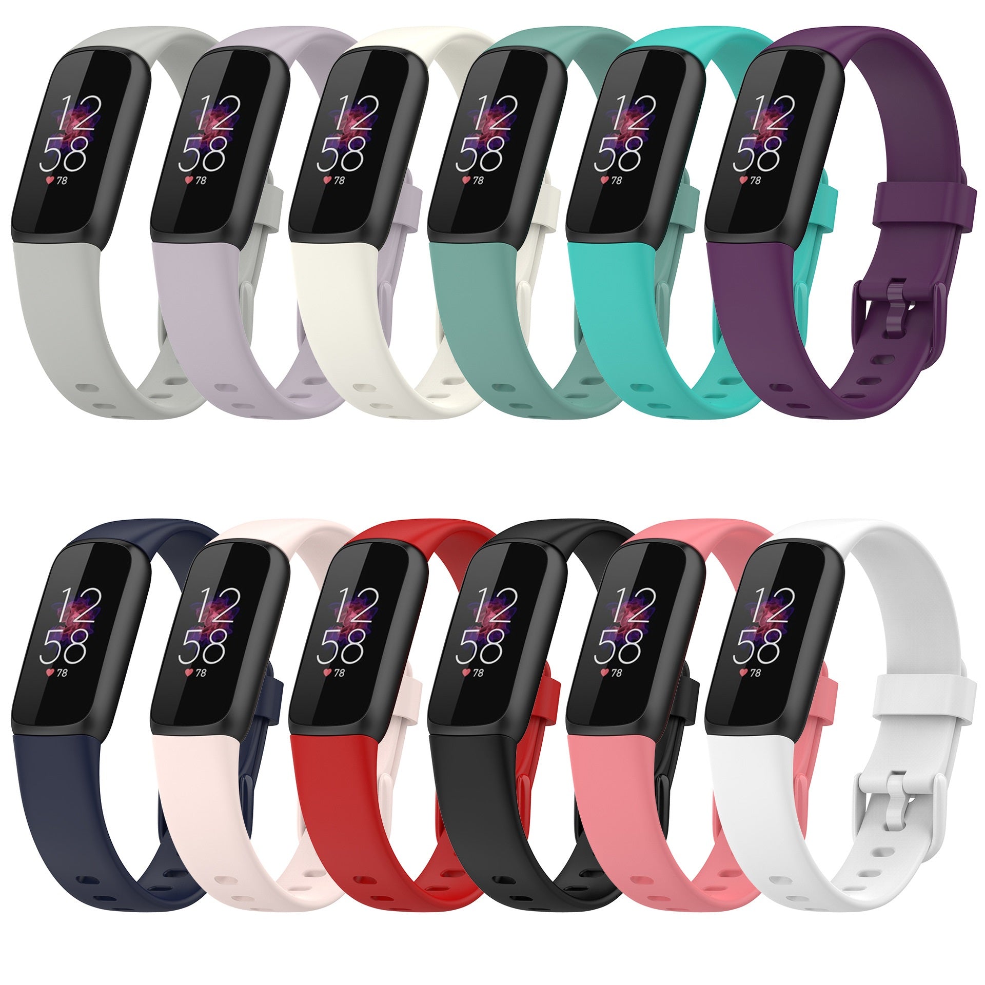 Fitbit Luxe fitness tracker with interchangeable silicone bands in multiple colors including gray, lavender, cream, teal, turquoise, purple, navy, pink, red, black and white
