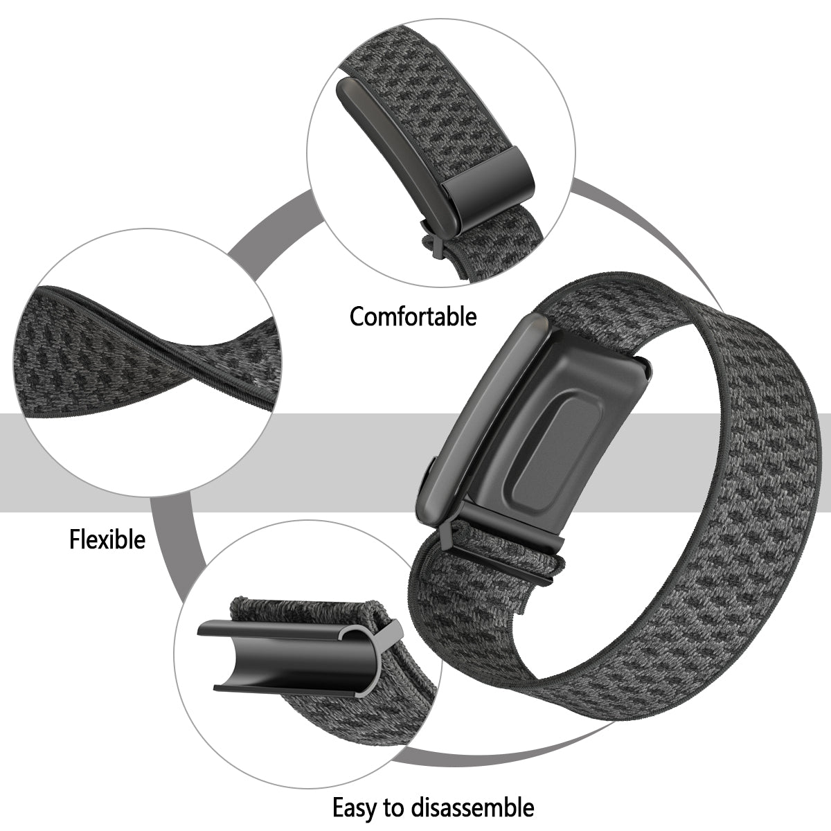 Whoop 4 knit strap with comfortable fabric, flexible design, easy to disassemble, and adjustable black buckle closure