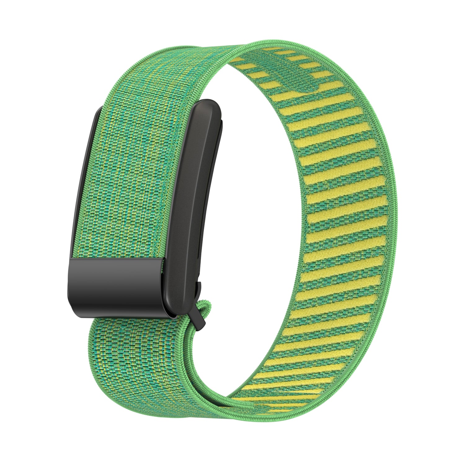 Green weaved loop fitness tracker band with yellow striped interior and black clasp closure