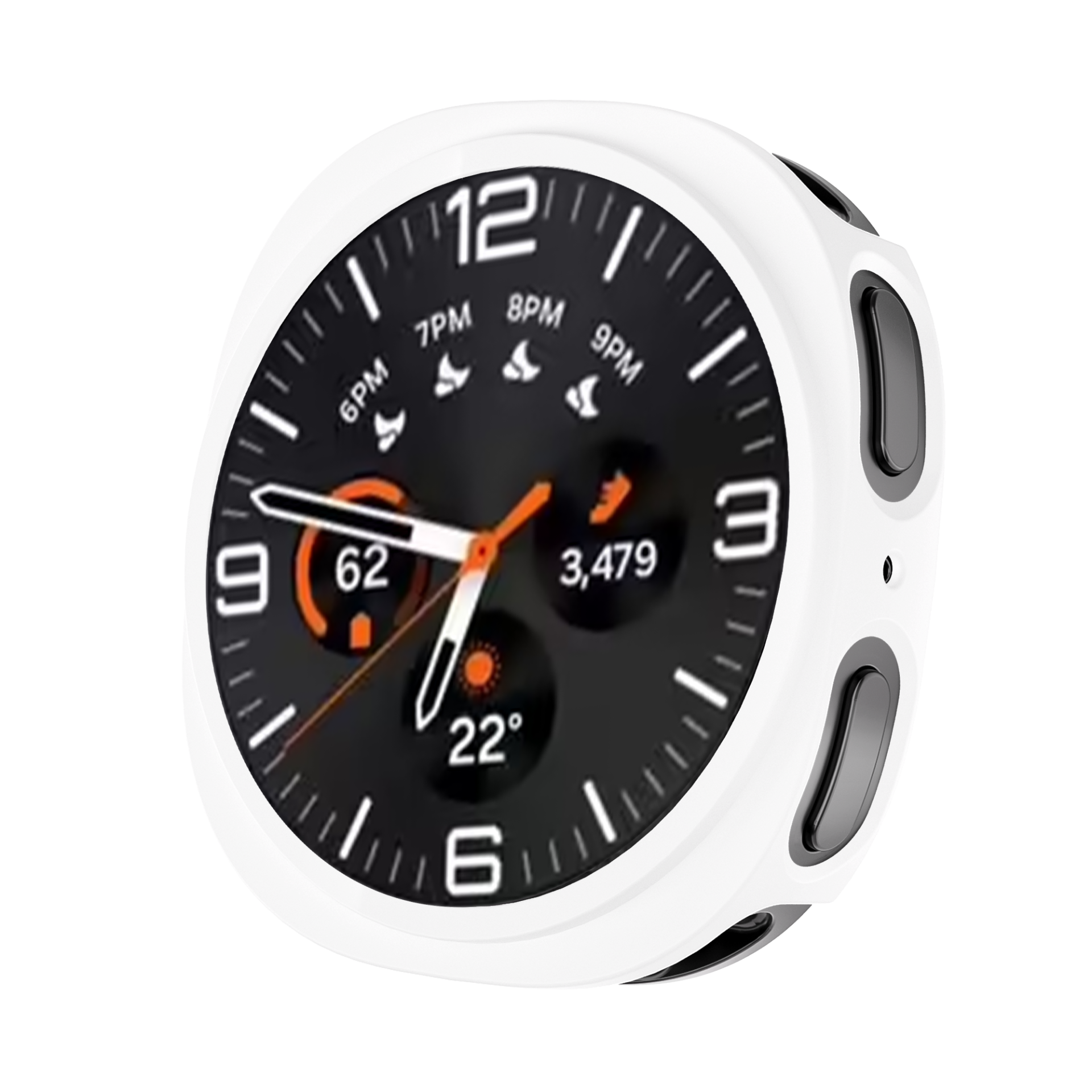 White protective case with black dial for Galaxy Watch 8, displaying orange accents and multiple watch faces with time and temperature display