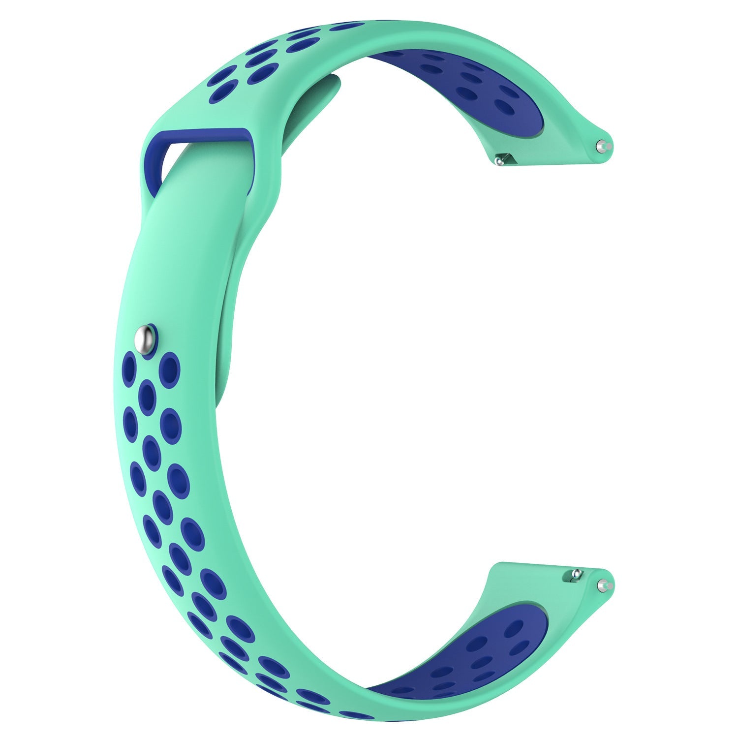 Mint green and navy perforated silicone smartwatch band with quick release pins and curved design