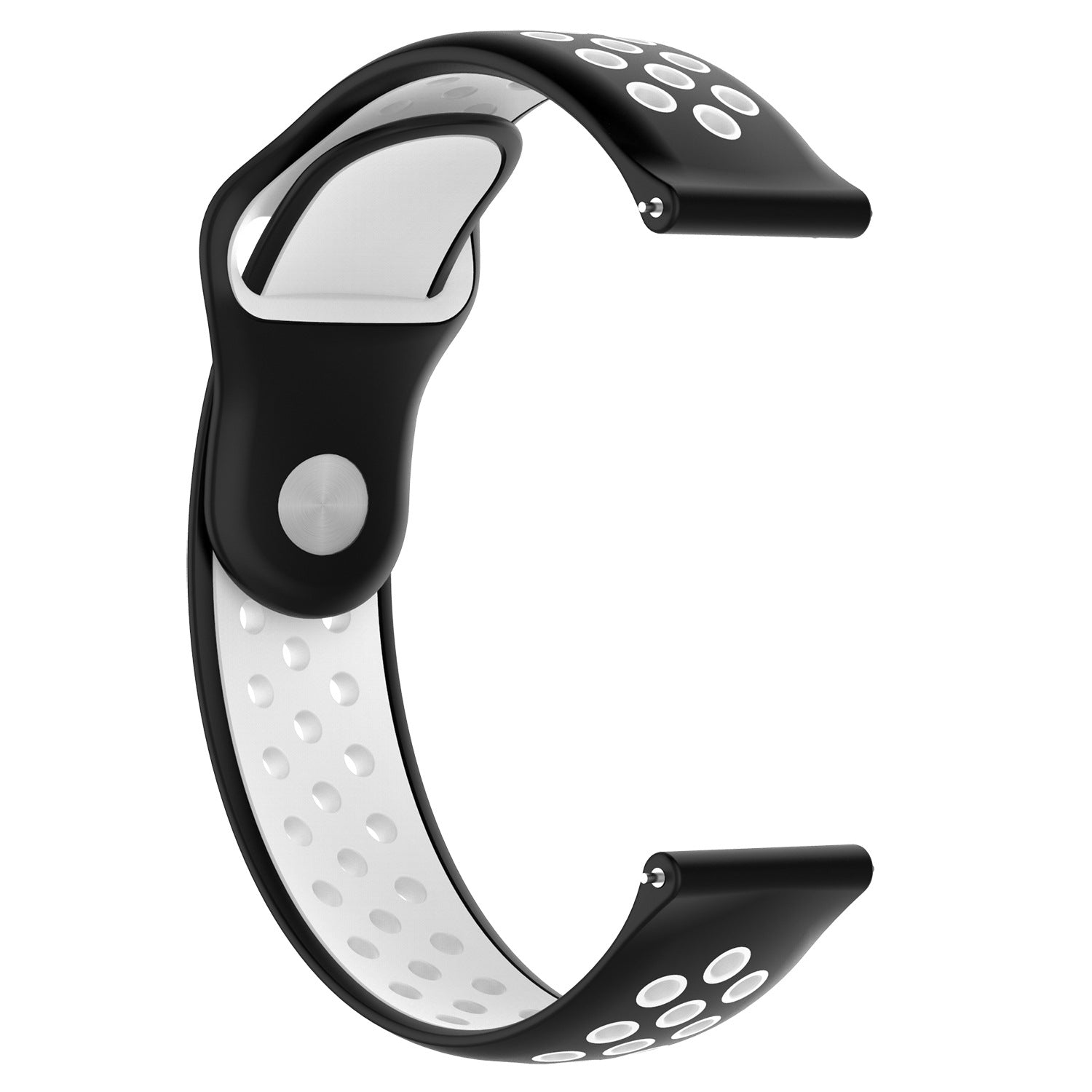 Black and white silicone sport watch band with perforated ventilation holes and quick release pins for 18mm lug width