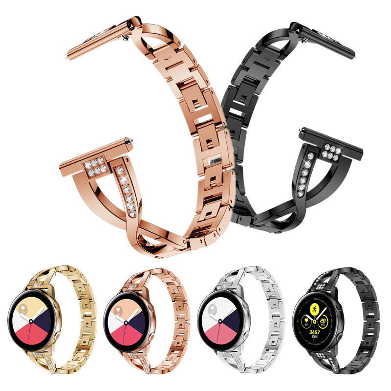 Stainless steel smartwatch bands in rose gold, black, gold and silver with crystal accents, compatible with Galaxy Watch 8 and Ultra