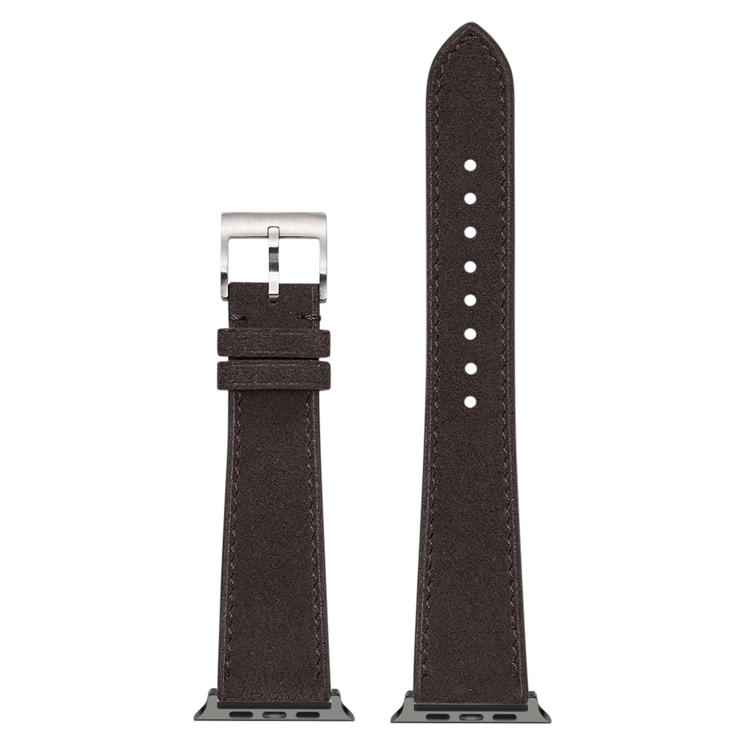 Dark brown Alcantara leather Apple Watch band with silver buckle and white stitching, shown open and closed